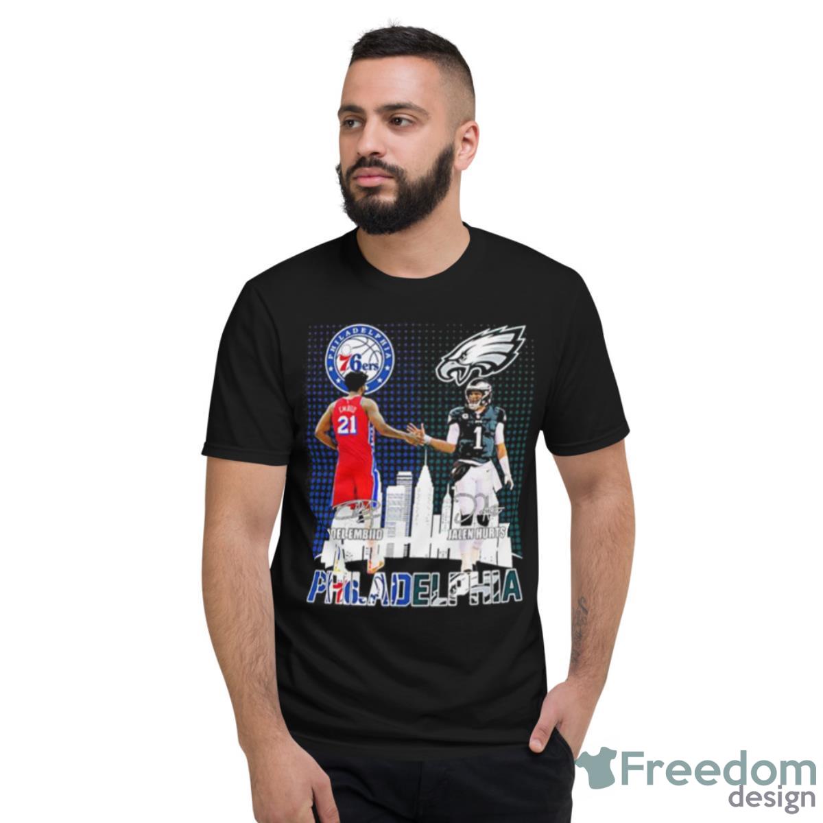 Joel Embiid And Jalen Hurts MVP Philadelphia 76ers And Eagles 2023 Signatures Shirt - Short Sleeve T-Shirt