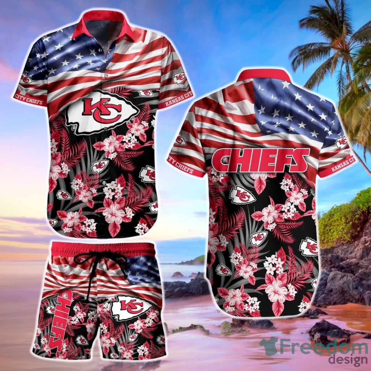 Kansas City Chiefs Nfl Hawaiian Shirt And Short Summer Tropical Pattern Us Flag Best Gift For Sports Enthusiast Product Photo 1