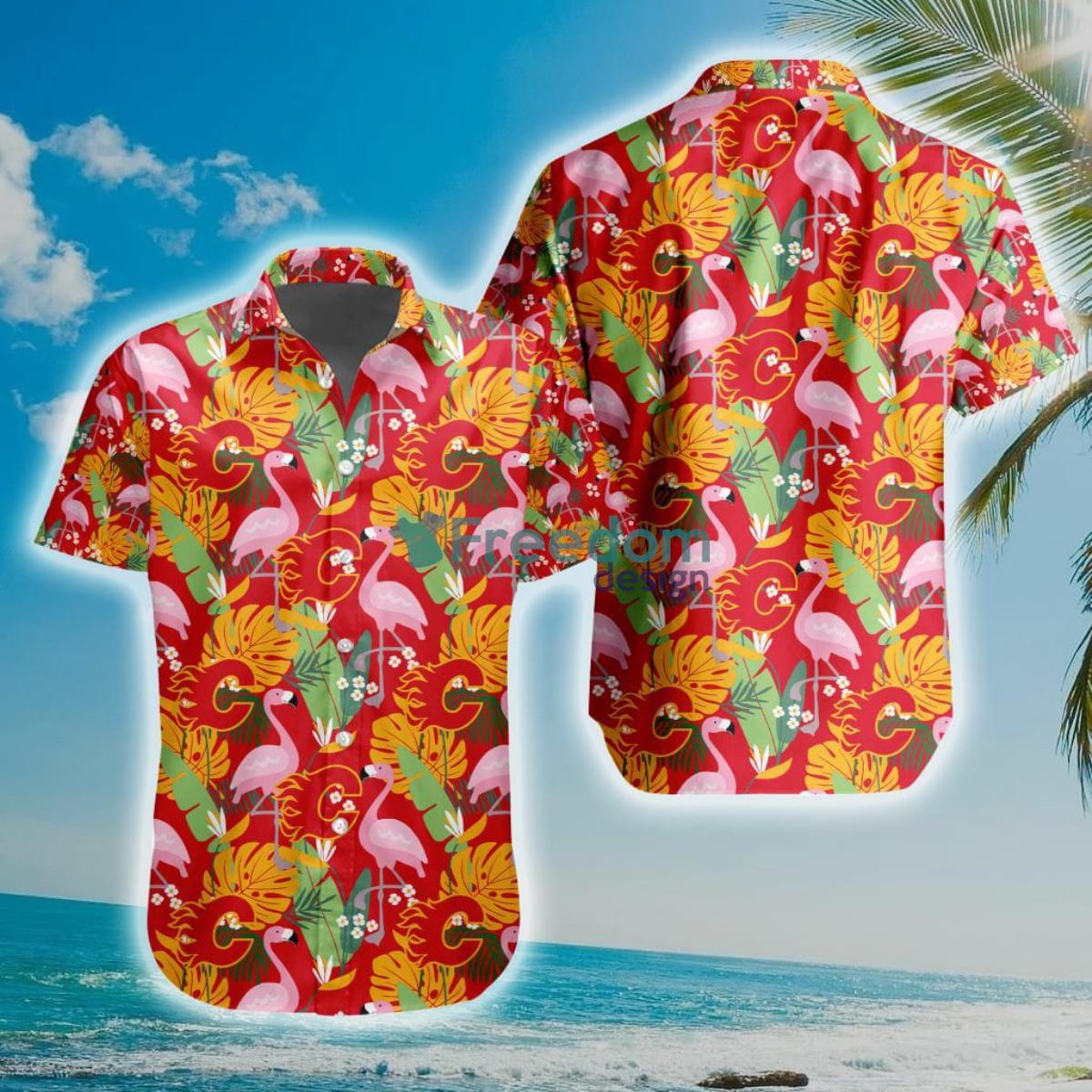 NHL Calgary Flames Flamingo Flowers Hawaiian Shirt Product Photo 1