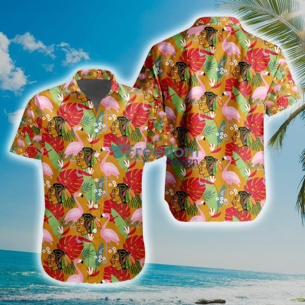 NHL Chicago Blackhawks Flamingo Flowers Hawaiian Shirt Product Photo 1