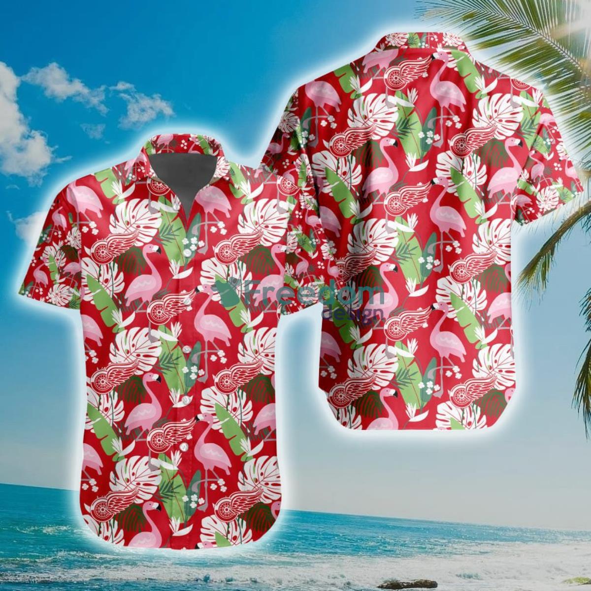 NHL Detroit Red Wings Flamingo Flowers Hawaiian Shirt Product Photo 1