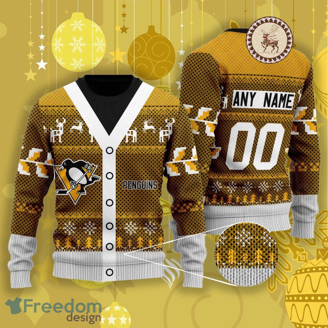 NHL Pittsburgh Penguins Custom Name Number Black Gold 3D Ugly Christmas  Sweater Christmas Gift Ideas For Fans - Freedomdesign