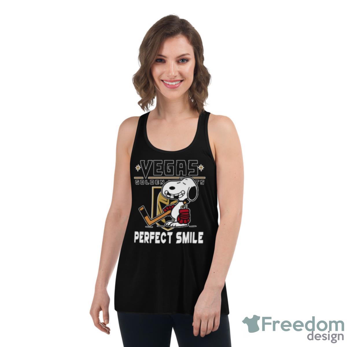 NHL Vegas Golden Knights Snoopy Perfect Smile The Peanuts Movie Hockey Shirt - Womens Flowy Racerback Tank NHL Vegas Golden Knights Snoopy Perfect Smile The Peanuts Movie Hockey Shirt - Womens Flowy Racerback Tank