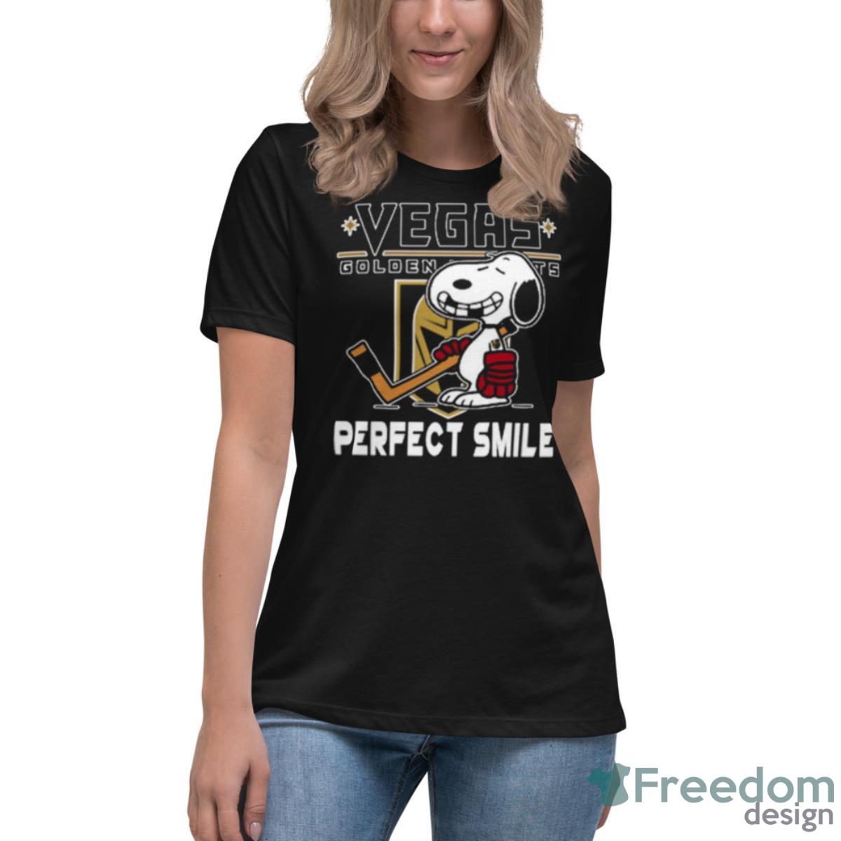 NHL Vegas Golden Knights Snoopy Perfect Smile The Peanuts Movie Hockey Shirt - Womens Relaxed Short Sleeve Jersey Tee NHL Vegas Golden Knights Snoopy Perfect Smile The Peanuts Movie Hockey Shirt - Womens Relaxed Short Sleeve Jersey Tee
