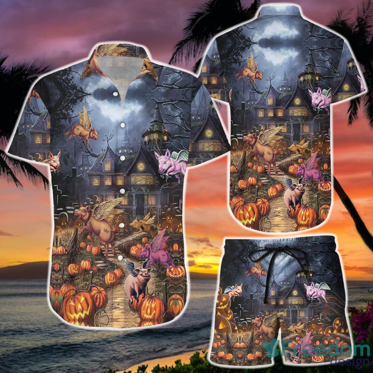 Pig Hawaiian Shirt And Short Pig Wing With Pumpkin Halloween Themed Gift Ideas Product Photo 1