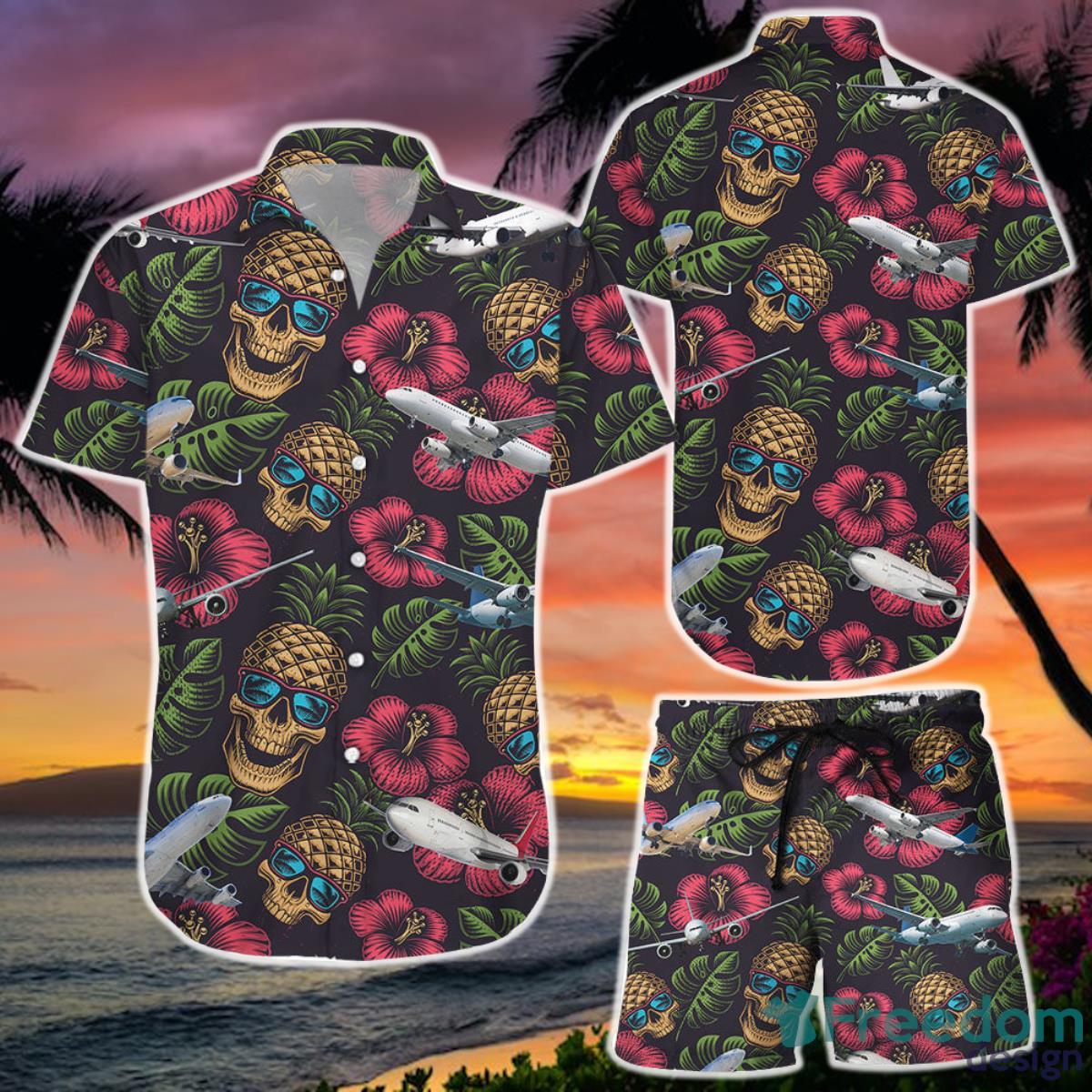 Pineapple Skull Hawaiian Shirt And Short Airplane Pineapple Skull Hibiscus Flower Gifts For Skull Lovers Product Photo 1