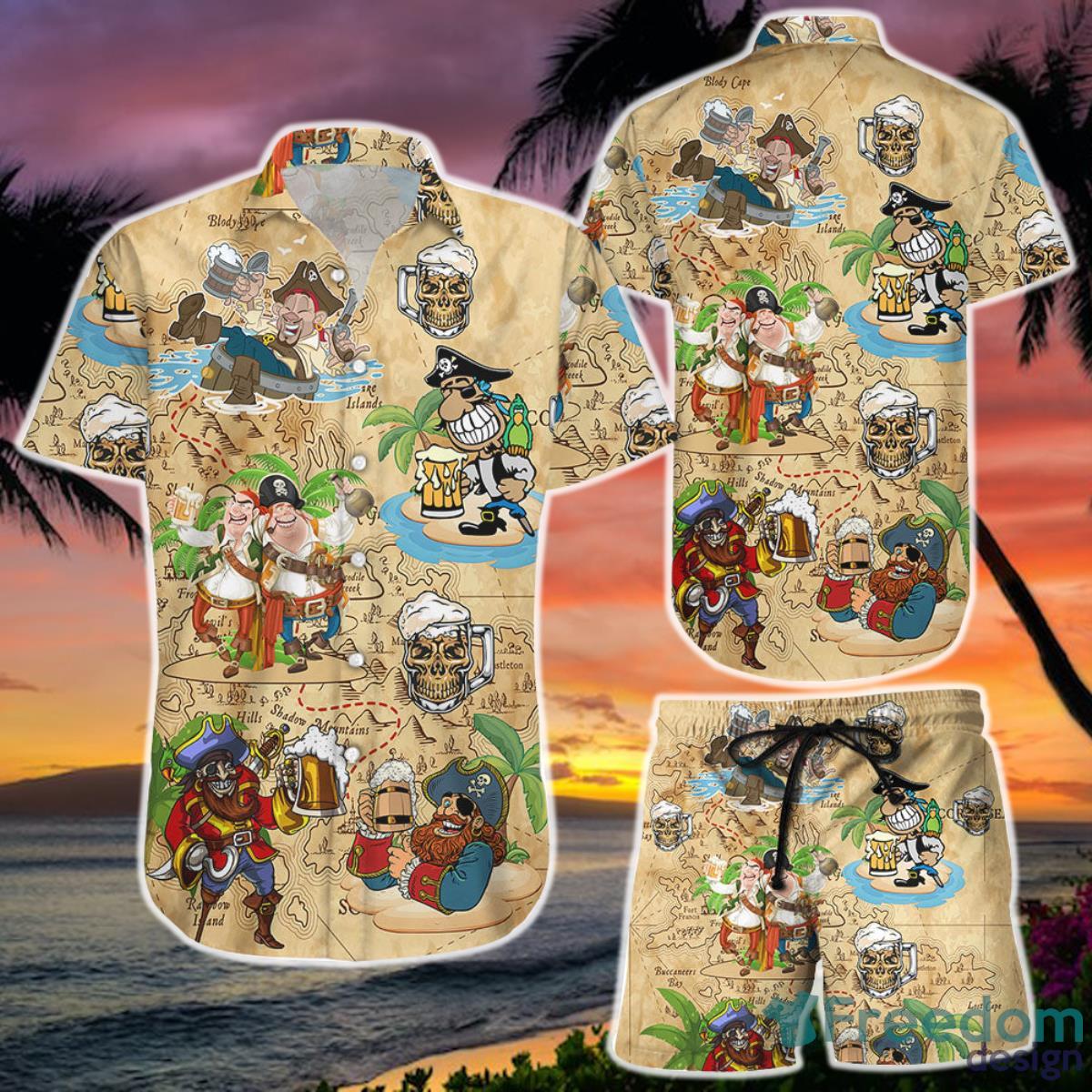 Pirates Hawaiian Shirt And Short Aloha Skull Pirates Drinking Beer Cute Beach Themed Gifts Product Photo 1