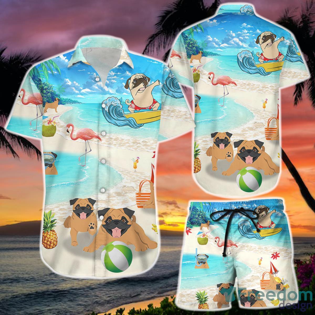 Pug Hawaiian Shirt And Short Pug Dog Flamingo In The Beach Button Down Shirts Pug Present Ideas Product Photo 1