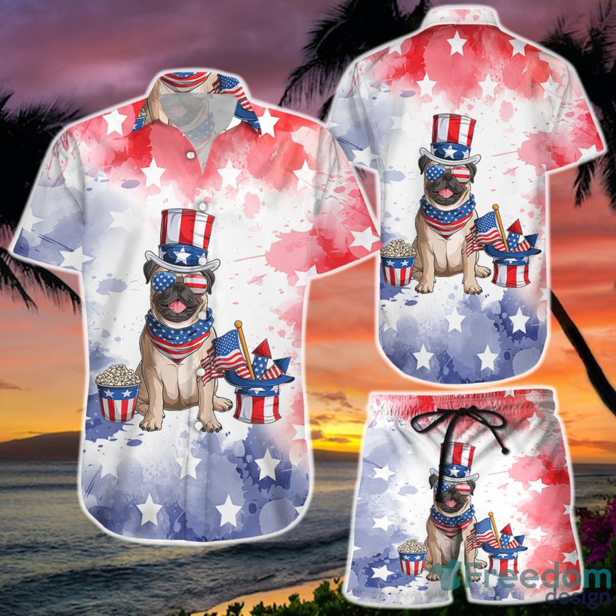 Pug In Hawaiian Shirt And Short Dog Pug Independent Day Pug Related Gifts Product Photo 1