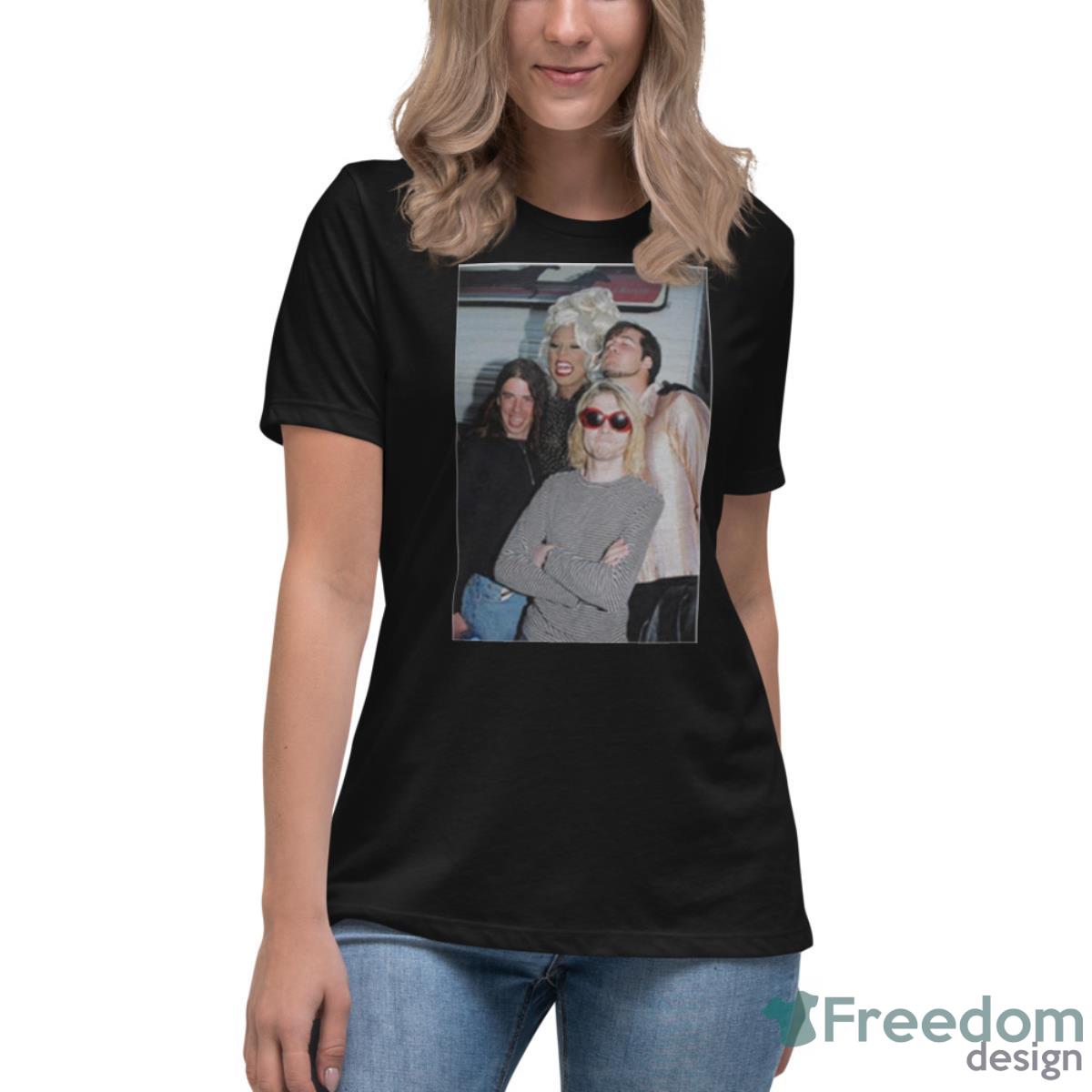 Rupaul And Nirvana Dave Grohl Kurt Cobain Krist Novoselic Shirt - Womens Relaxed Short Sleeve Jersey Tee Rupaul And Nirvana Dave Grohl Kurt Cobain Krist Novoselic Shirt - Womens Relaxed Short Sleeve Jersey Tee