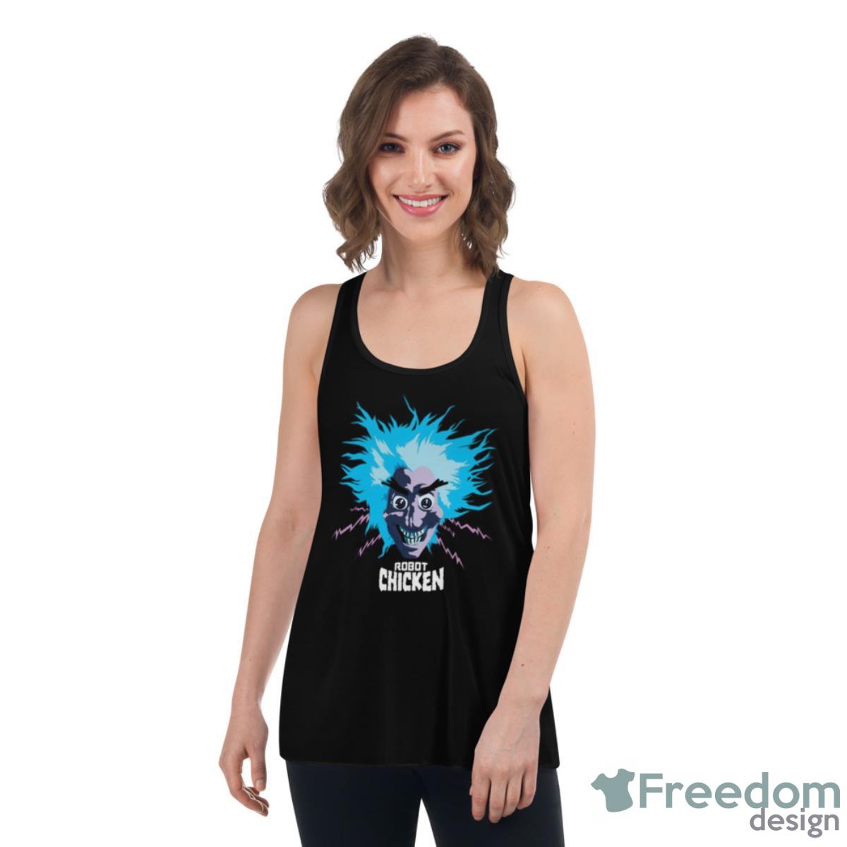 Scientist Head Graphic Robot Chicken Shirt - Womens Flowy Racerback Tank Scientist Head Graphic Robot Chicken Shirt - Womens Flowy Racerback Tank
