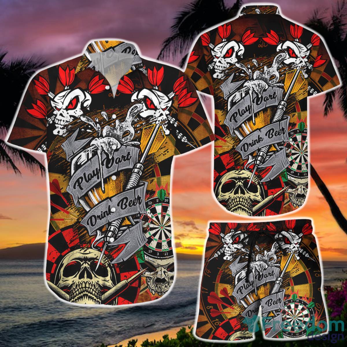 Skull Shirt Play Dart Drink Beer Hawaii Shirt Hawaiian Skull Shirt and Short  Skull Anniversary Gifts Product Photo 1