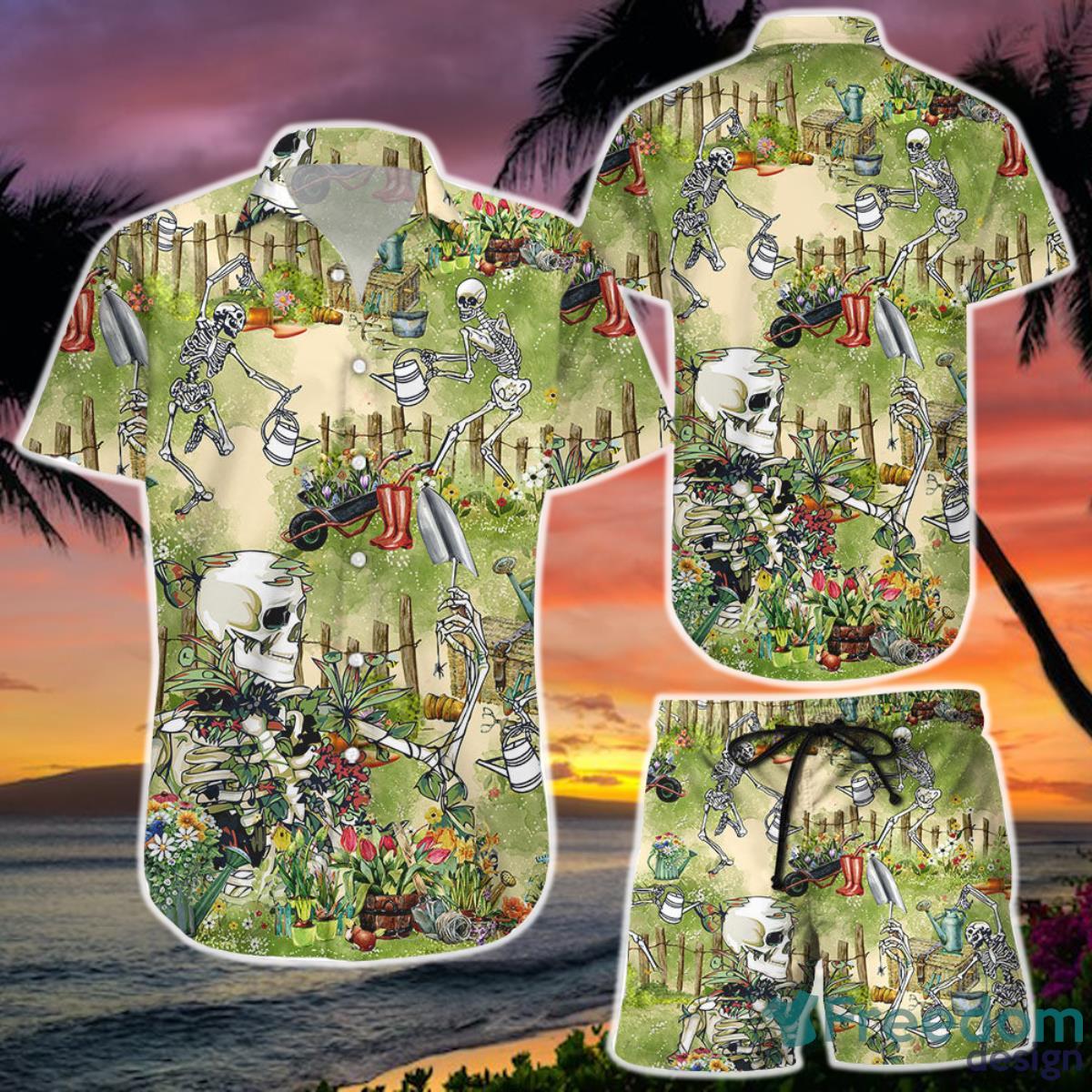 Skulls Farmer Gardening Tools Flowers Button Down Hawaiian Shirt  and Short  Presents For Her Product Photo 1