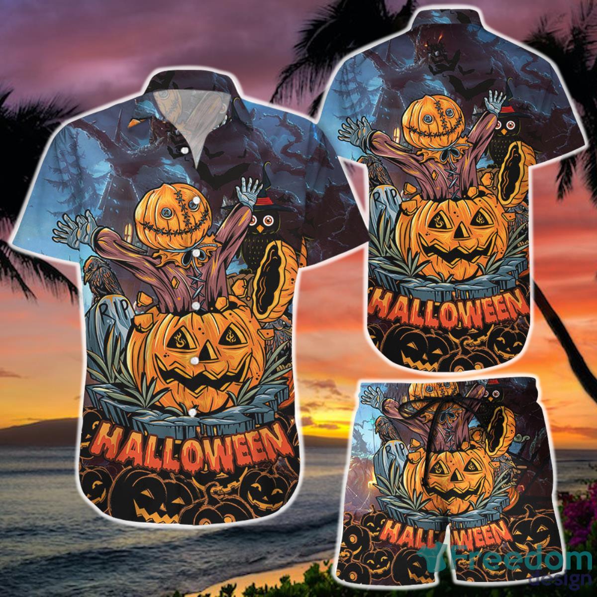 Spooky Masked Man Comes Out Pumpkin Hawaii Shirt and Short  Halloween Gifts For Her Product Photo 1