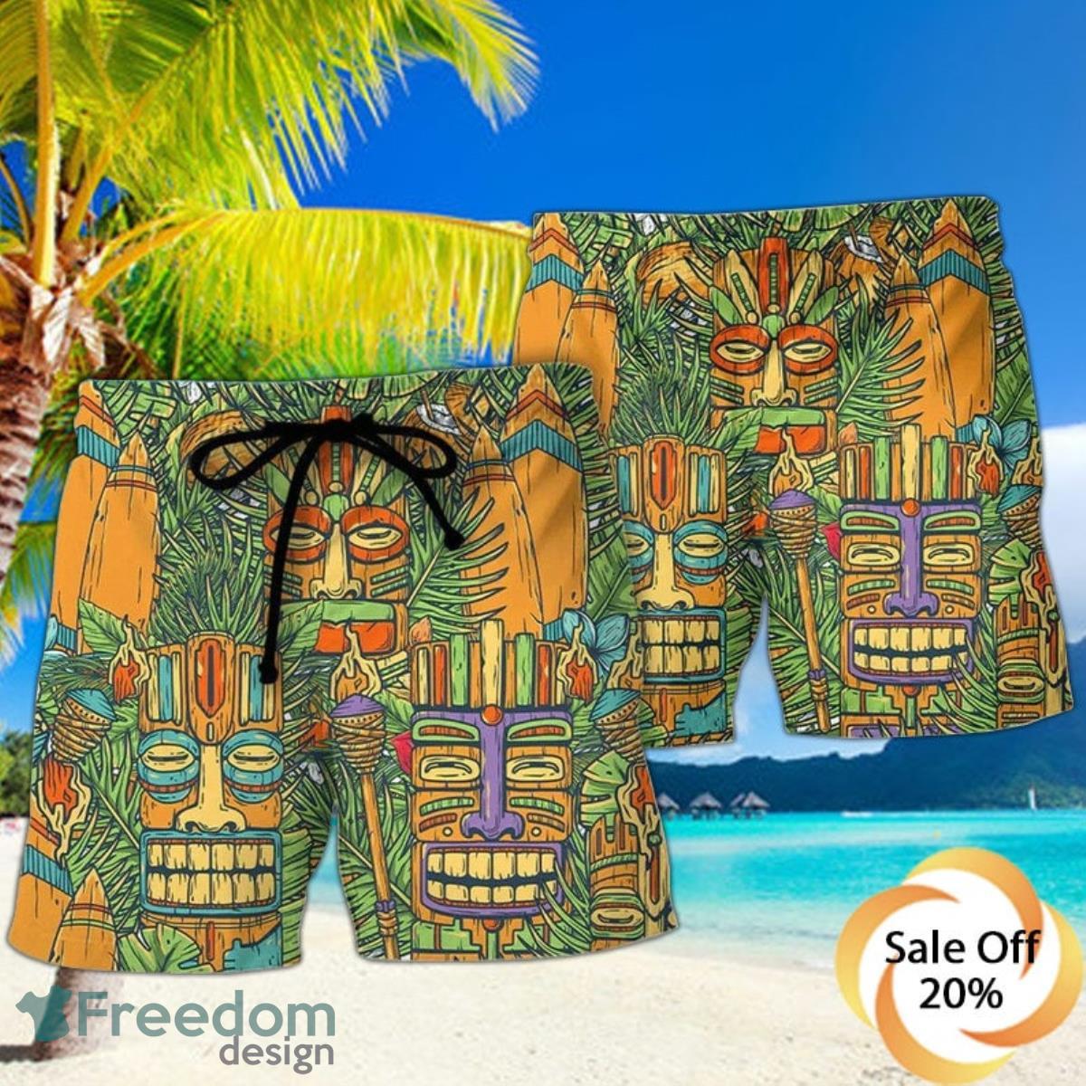 Tiki Mask Tropical Hawaii Sur Board And Palm Leaves Shirt For Men And Women Product Photo 2