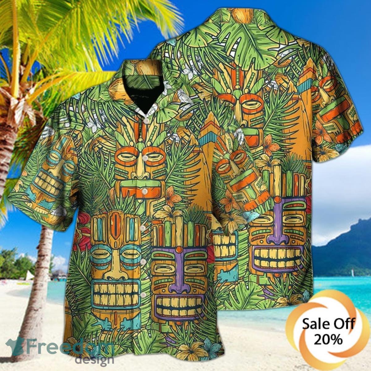 Tiki Mask Tropical Hawaii Sur Board And Palm Leaves Shirt For Men And Women Product Photo 1