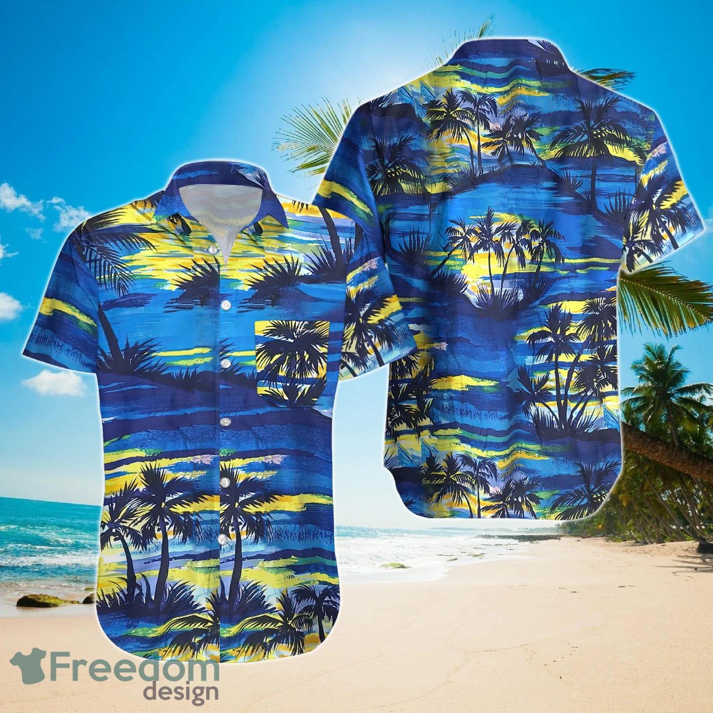 Vintage Blue & Yellow Palm Tree Sunset Hawaiian Shirt Product Photo 1