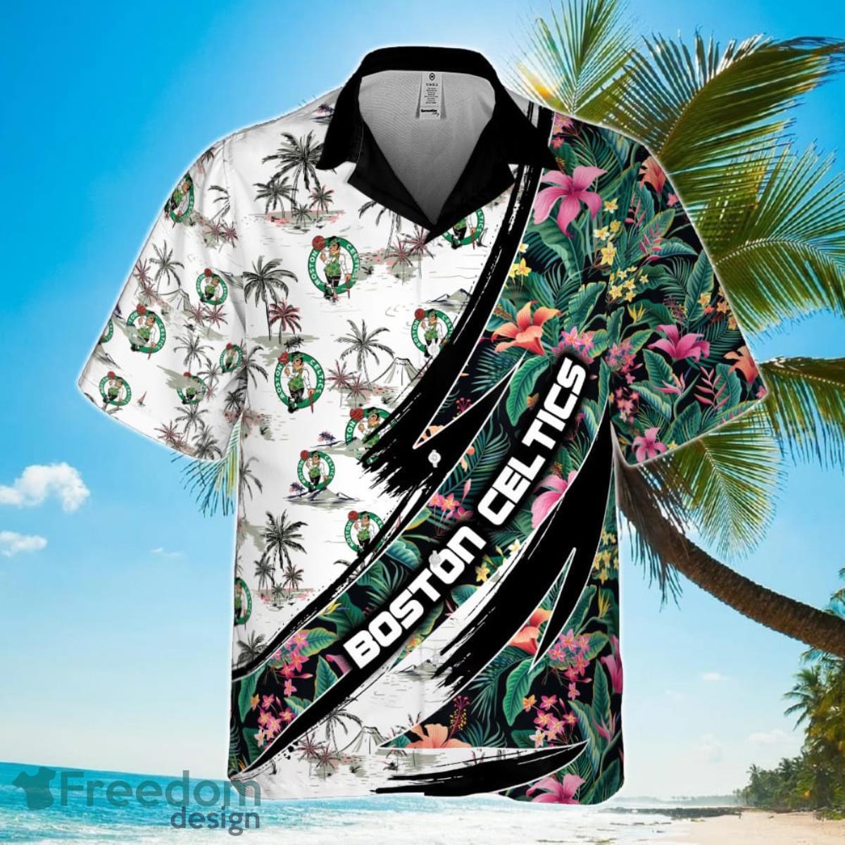 Boston Celtics Hibiscus Flower And Tree Pattern Print Hawaiian Shirt Product Photo 2