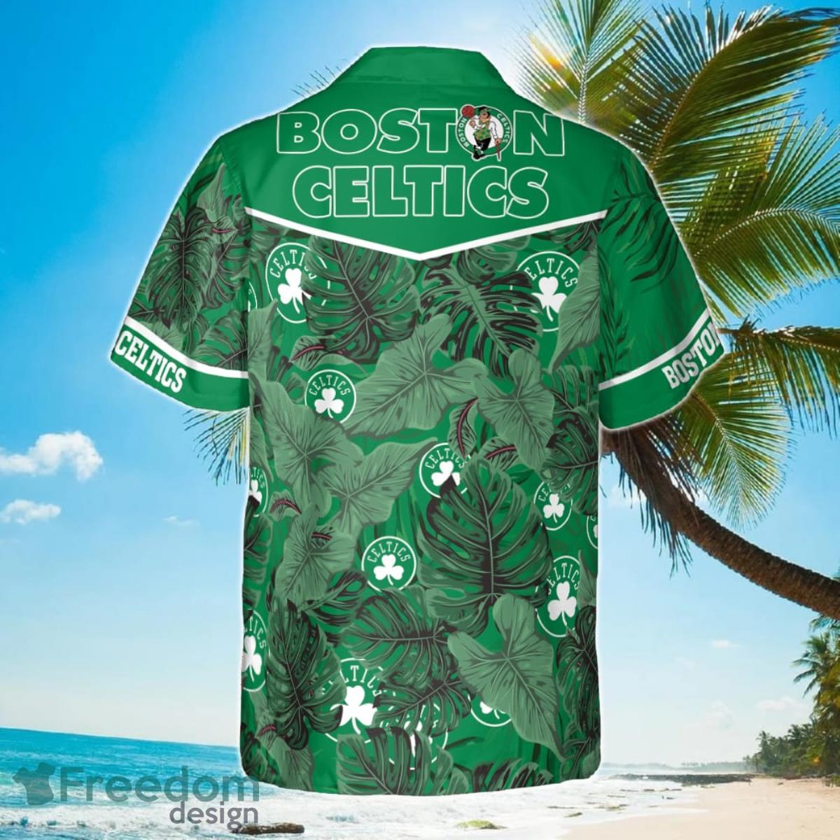 Boston Celtics Leaves Tropical Pattern Print Hawaiian Shirt Product Photo 2