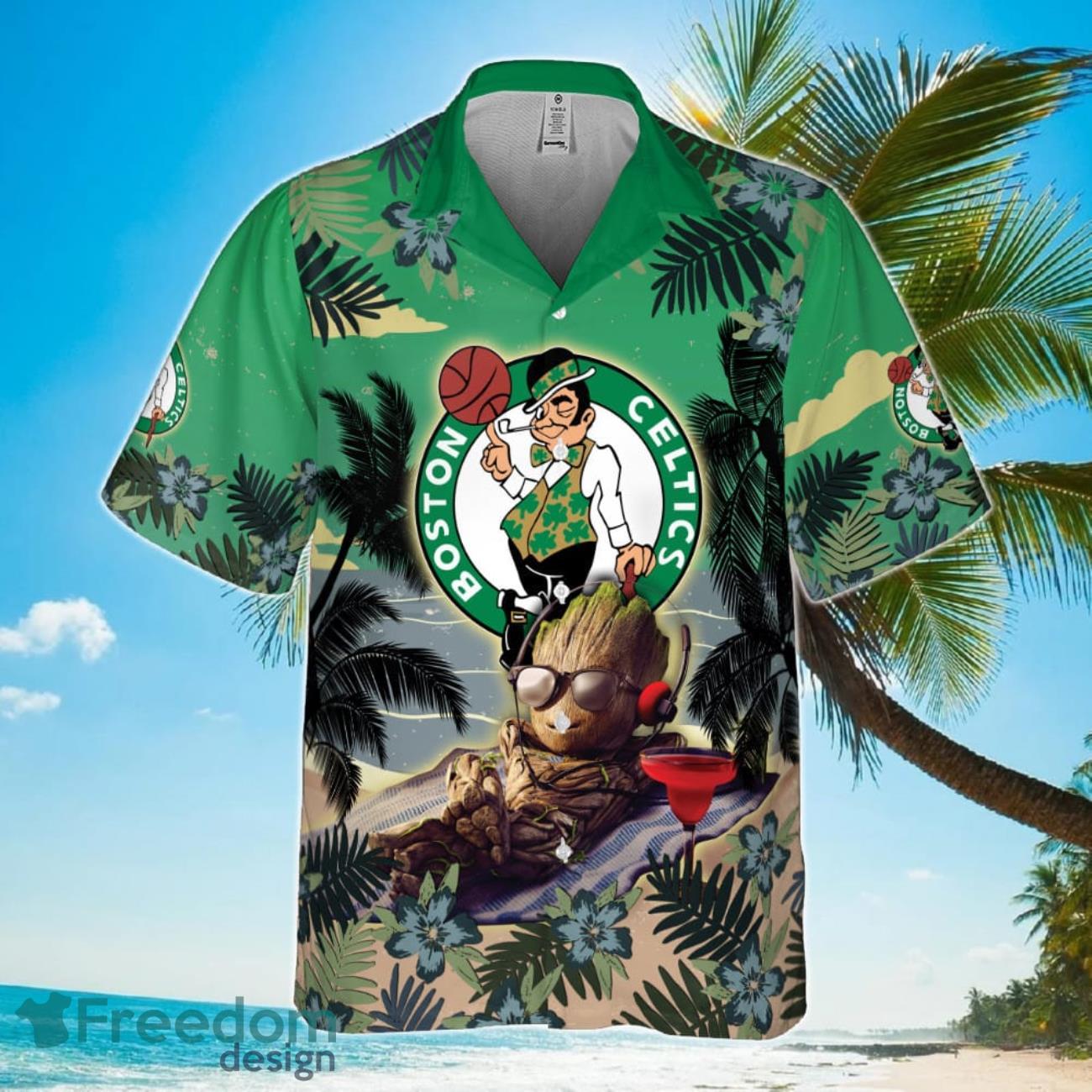 Boston Celtics Summer With Baby Groot Basketball Association 2023 Hawaiian Shirt Product Photo 2