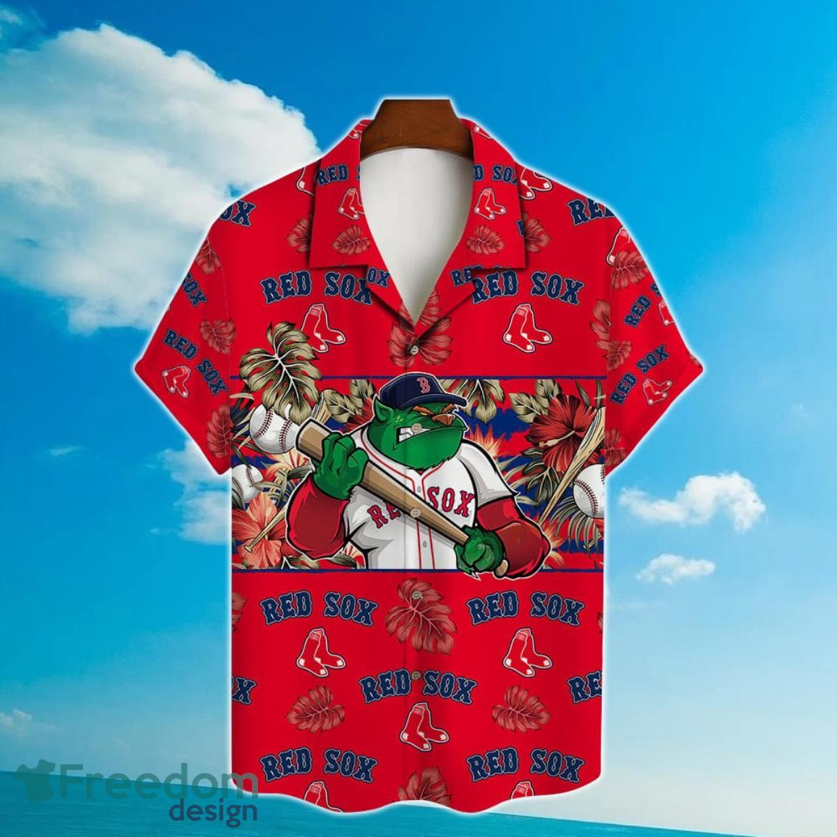 Boston Red Sox Mascot And Leaves Tropical Pattern Hawaiian Shirt For Fans Product Photo 2