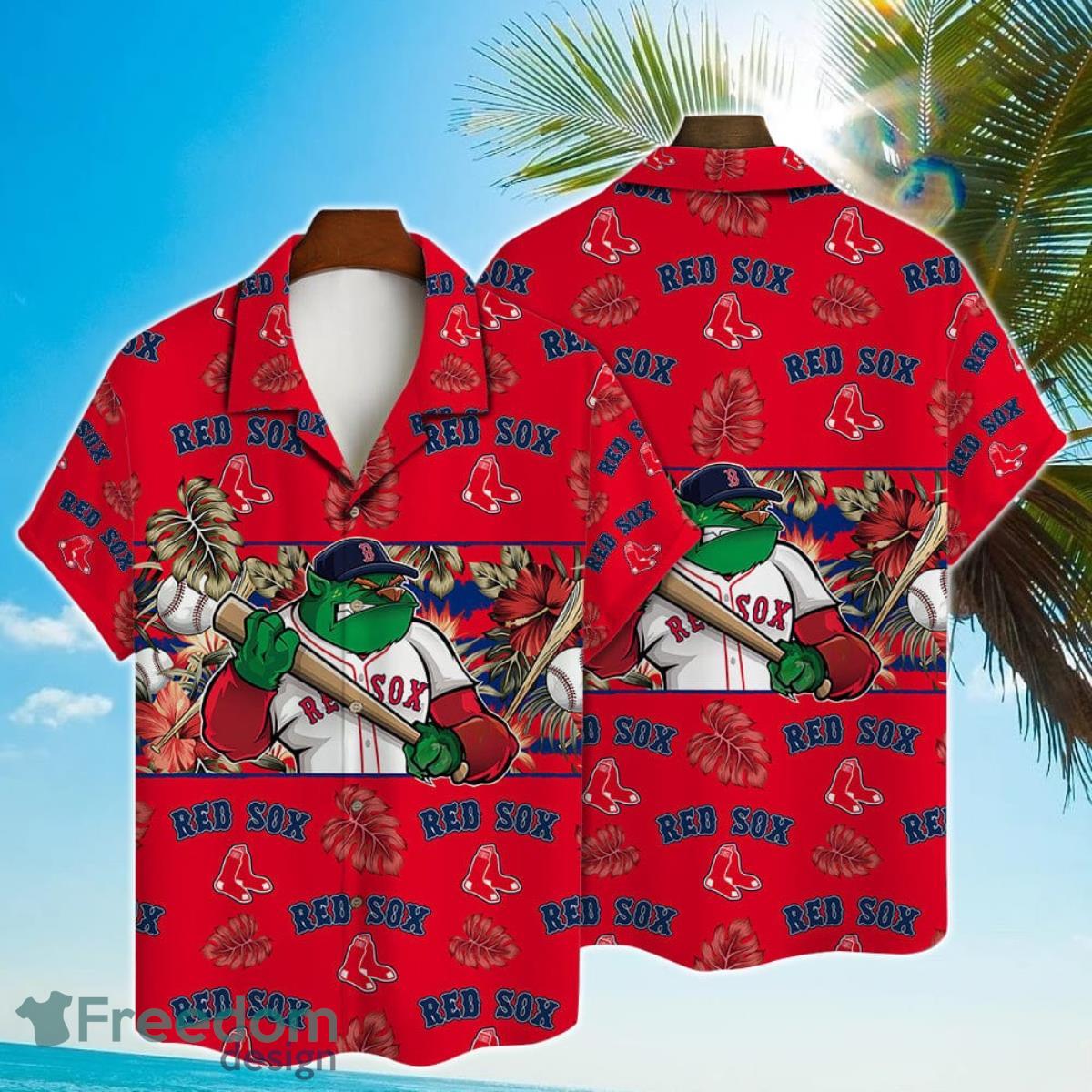 Boston Red Sox Mascot And Leaves Tropical Pattern Hawaiian Shirt For Fans Product Photo 1