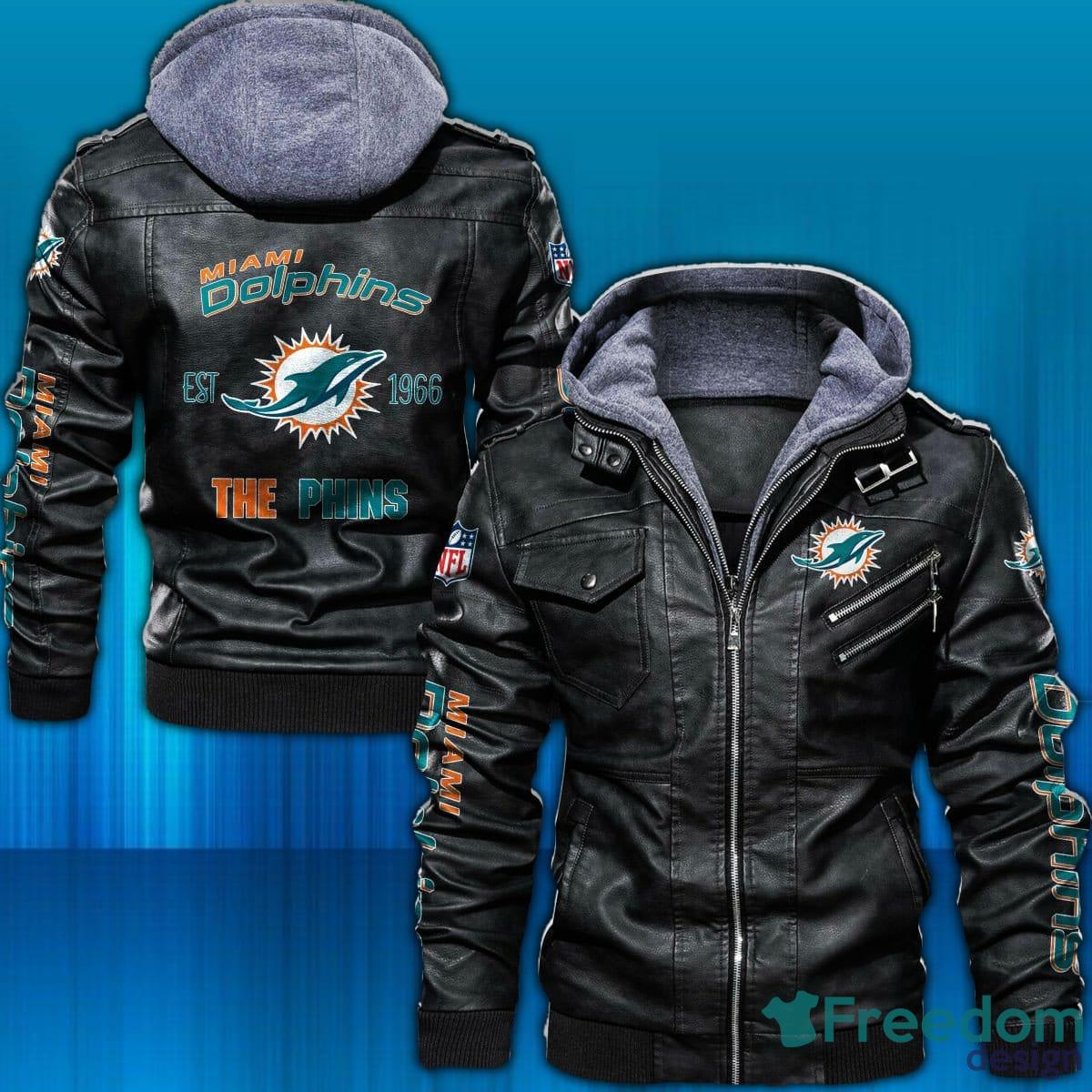 Miami Dolphins Logo NFL Brown Black Leather Jacket - Freedomdesign