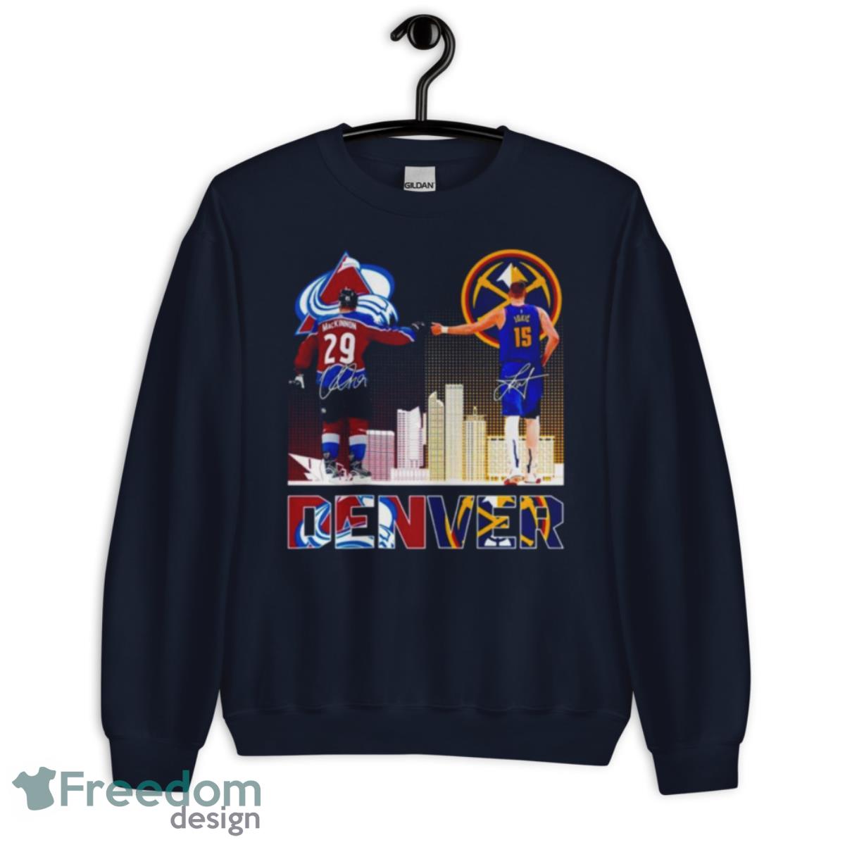 Denver City Skyline Nathan Mackinnon And Nikola Jokic Signatures Shirt - Unisex Crewneck Sweatshirt-1