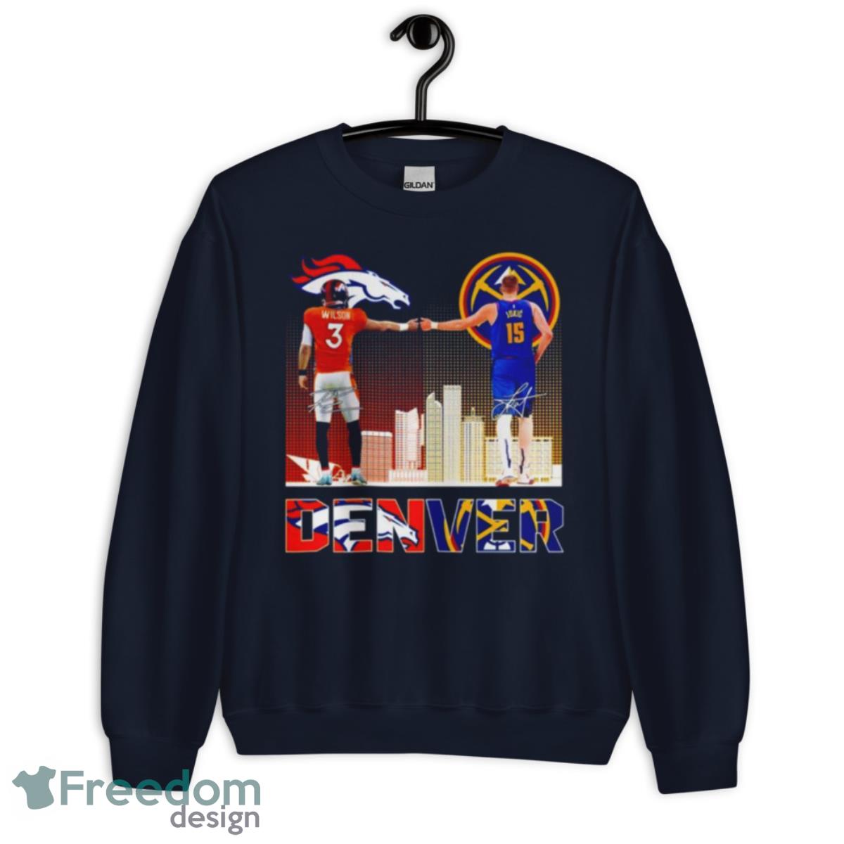 Denver City Skyline Russell Wilson Vs Nikola Jokic Signatures Shirt - Unisex Crewneck Sweatshirt-1