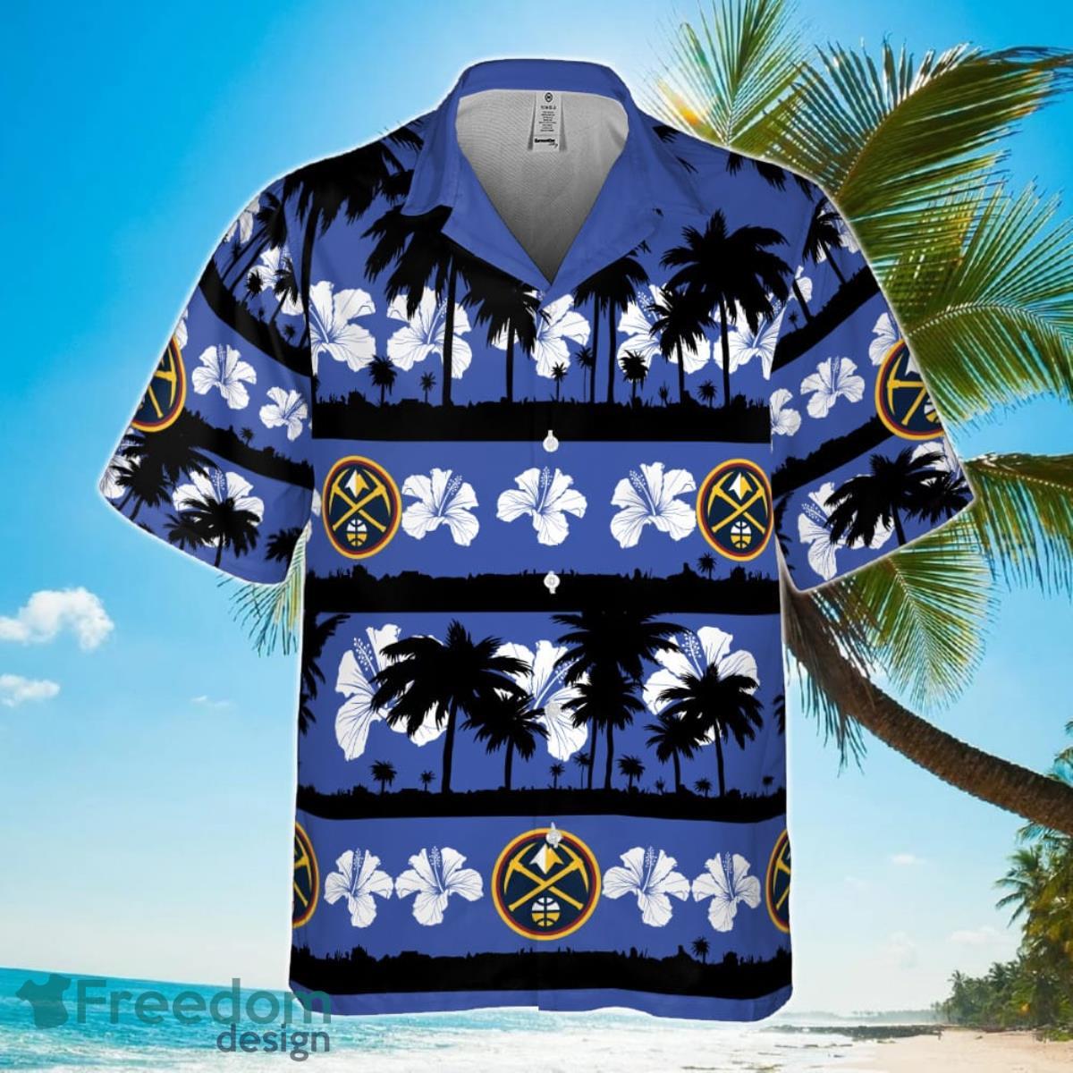 Denver Nuggets White Hibiscus Flower On Blue Background Print Hawaiian Shirt Product Photo 2