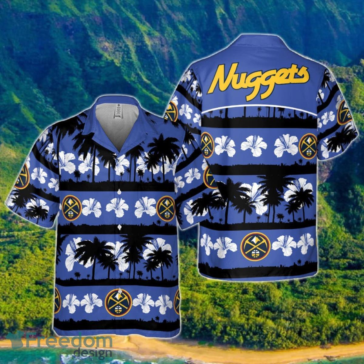 Denver Nuggets White Hibiscus Flower On Blue Background Print Hawaiian Shirt Product Photo 1