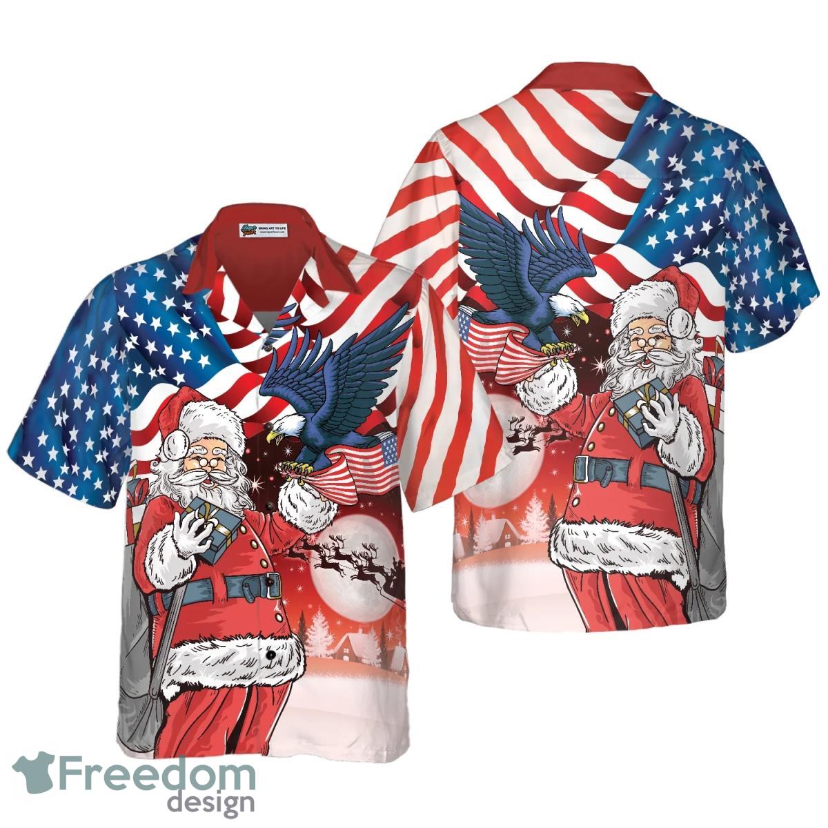 Eagle Perched On Santas Hand With American Flag Background Hawaiian Shirt Product Photo 1