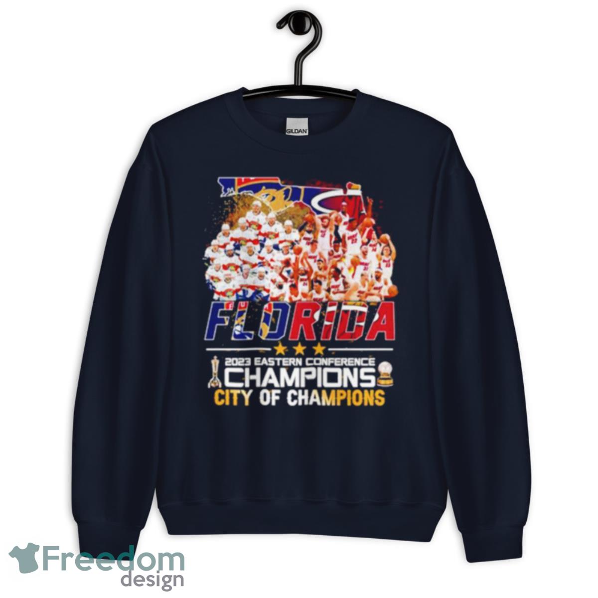 Flodira Panthers Miami Heat 2023 Eastern Conference Champions Shirt - Unisex Crewneck Sweatshirt-1