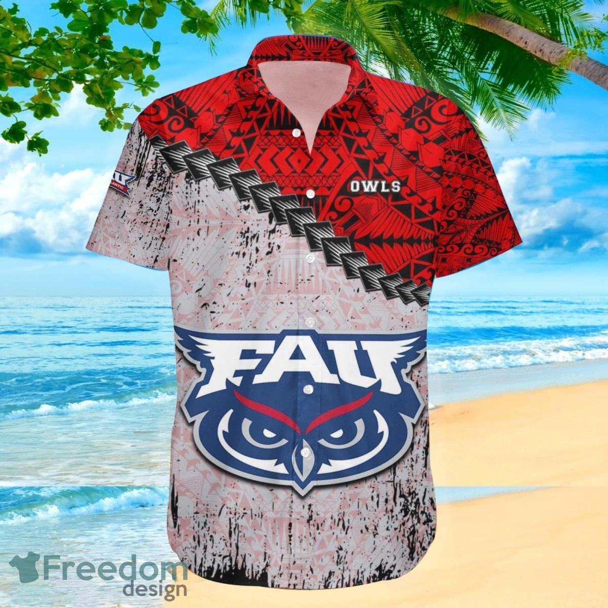 Florida Atlantic Owls NCAA Grunge Polynesian Tattoo Summer Gift For Fans 3D Hawaiian Shirt Product Photo 2