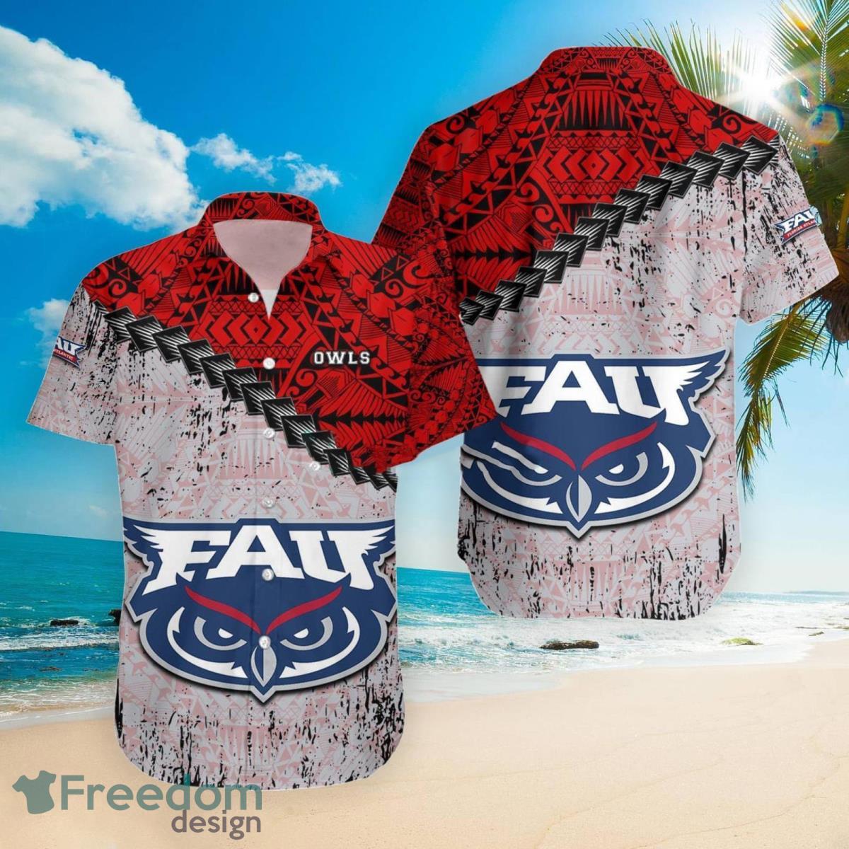 Florida Atlantic Owls NCAA Grunge Polynesian Tattoo Summer Gift For Fans 3D Hawaiian Shirt Product Photo 1