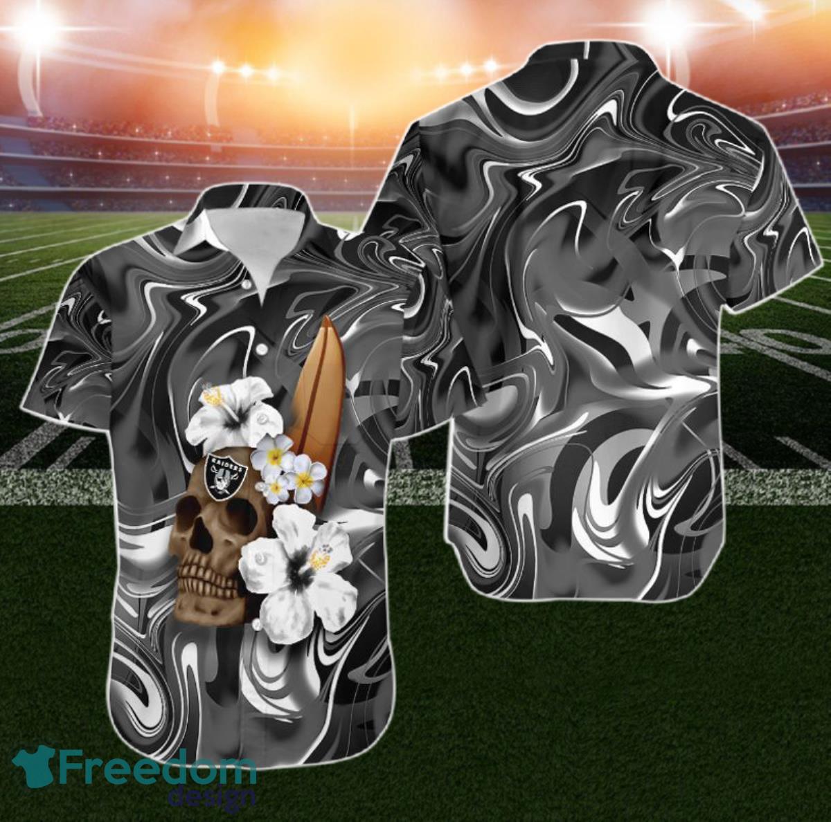 Las Vegas Raiders Skull And Hibiscus Flower NFL Gift For Fan Hawaiian Shirt Aloha Shirt For Men Women Product Photo 1