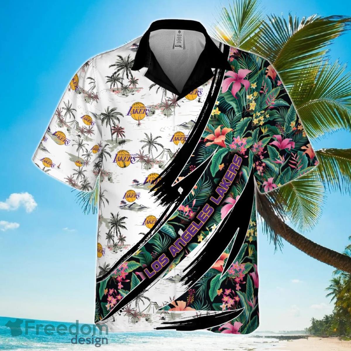 Los Angeles Lakers Hibiscus Flower And Tree Pattern Print Hawaiian Shirt Product Photo 2