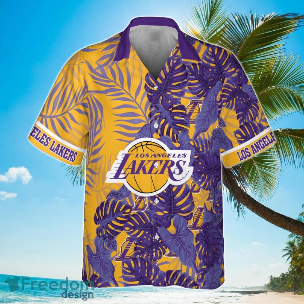 Los Angeles Lakers Leaves Tropical Pattern Print Hawaiian Shirt Product Photo 2