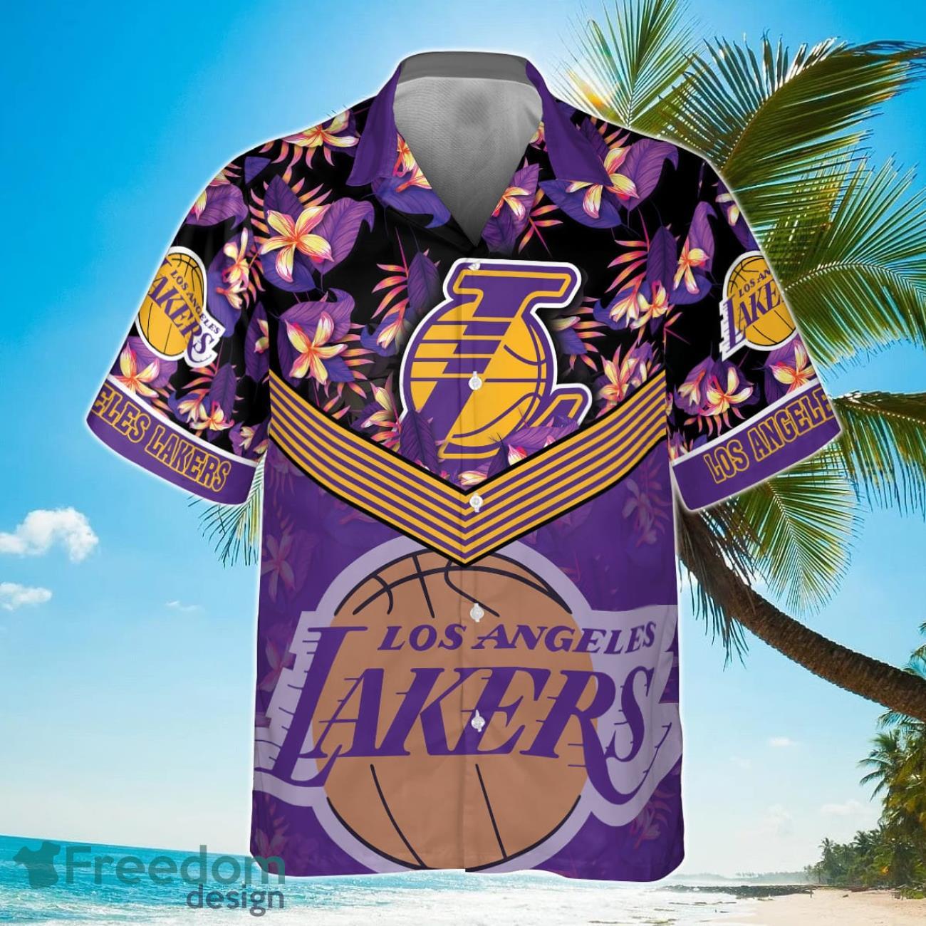 Los Angeles Lakers Purple Hibiscus Flower Pattern Print Hawaiian Shirt Product Photo 2