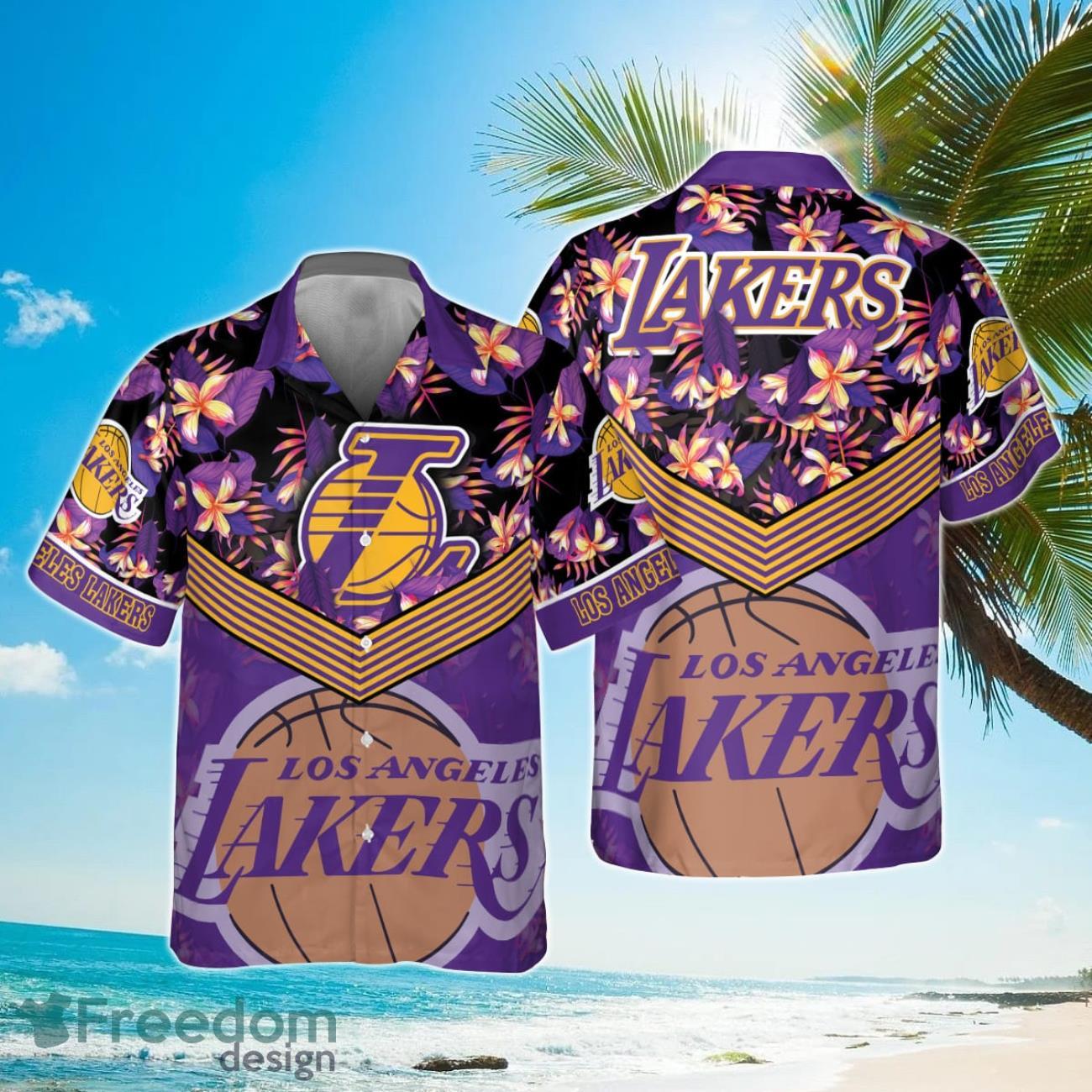 Los Angeles Lakers Purple Hibiscus Flower Pattern Print Hawaiian Shirt Product Photo 1