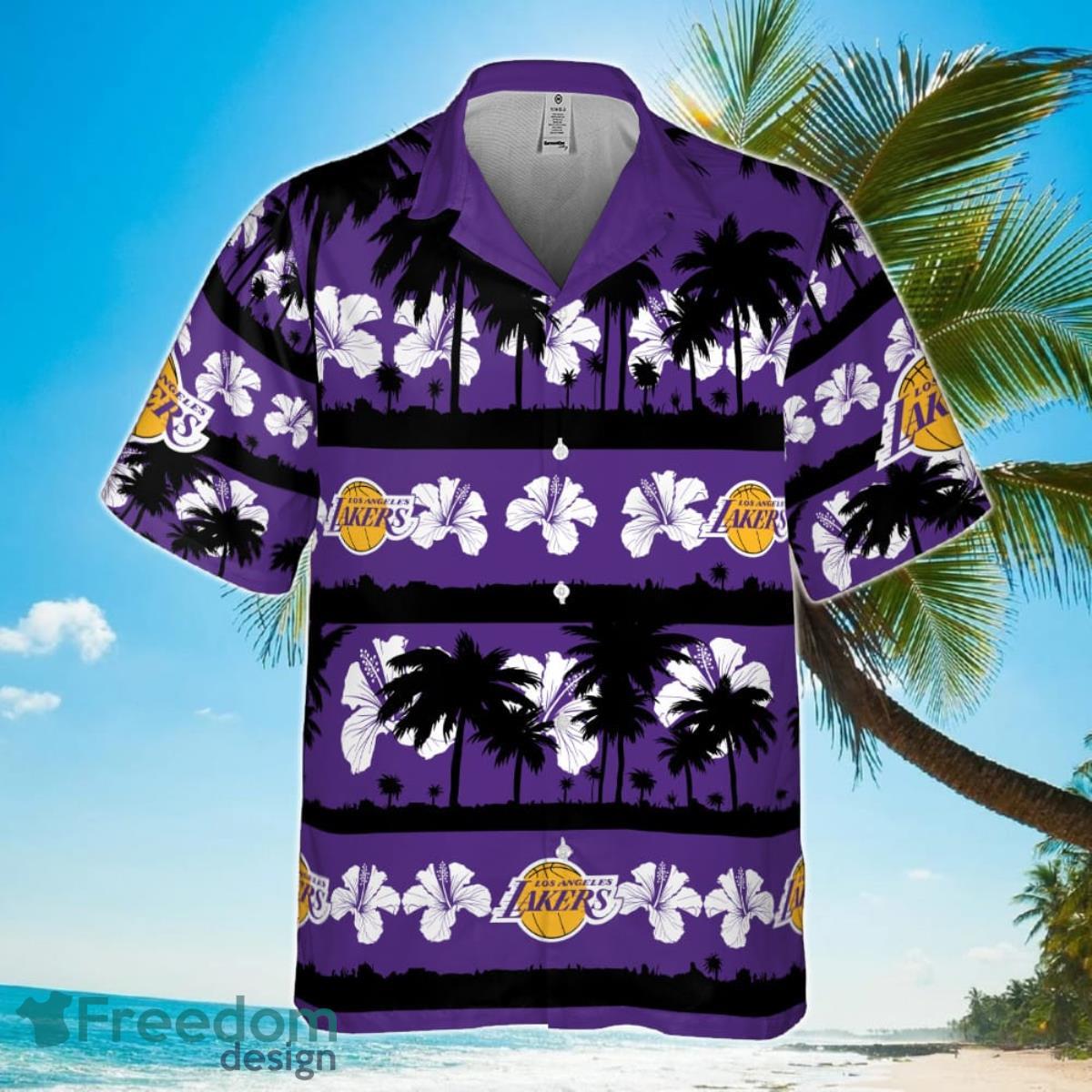 Los Angeles Lakers White Hibiscus Flower On Purple Background Print Hawaiian Shirt Product Photo 2