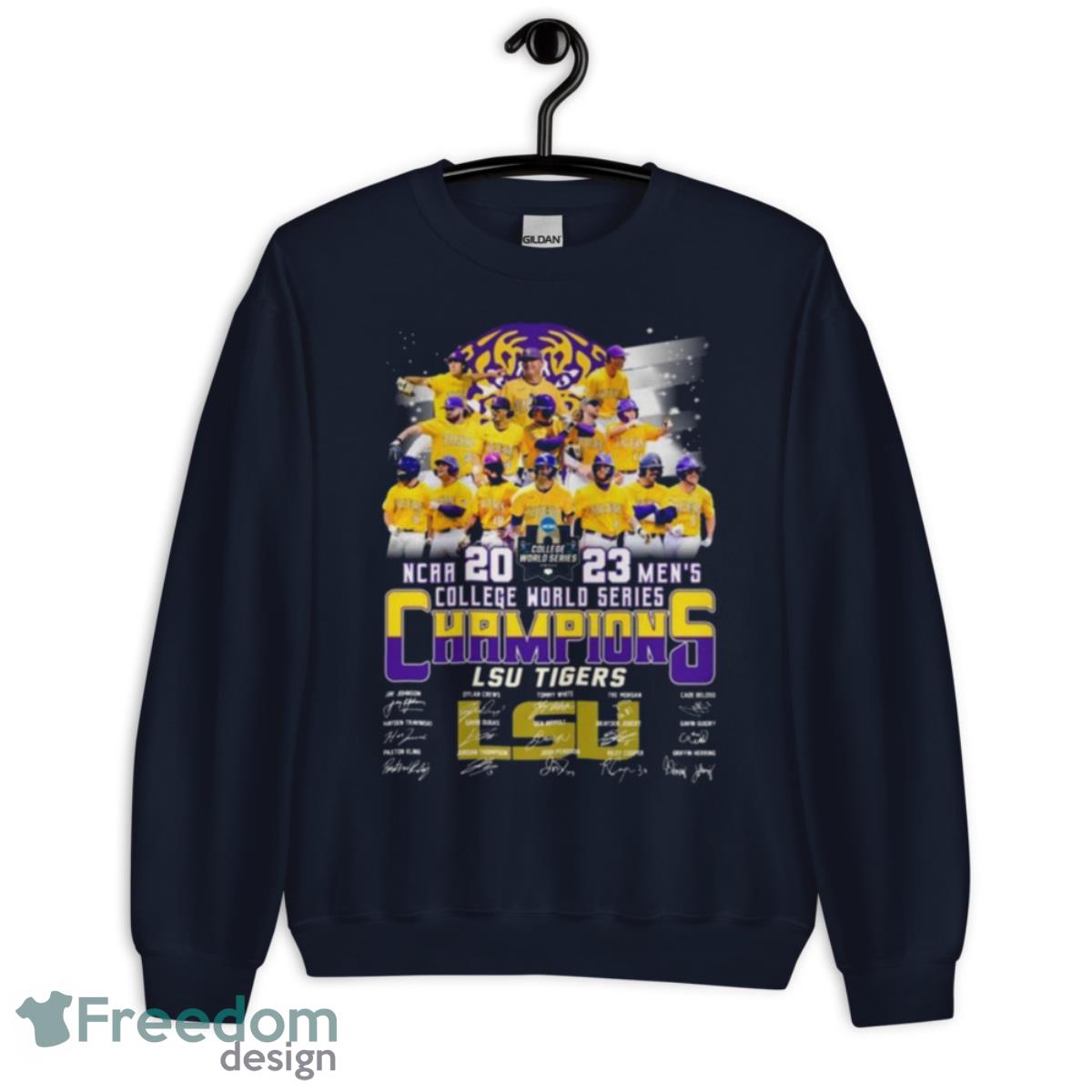 LSU Tigers NCAA 2023 Men’s College World Series Champions Signatures Shirt - Unisex Crewneck Sweatshirt-1