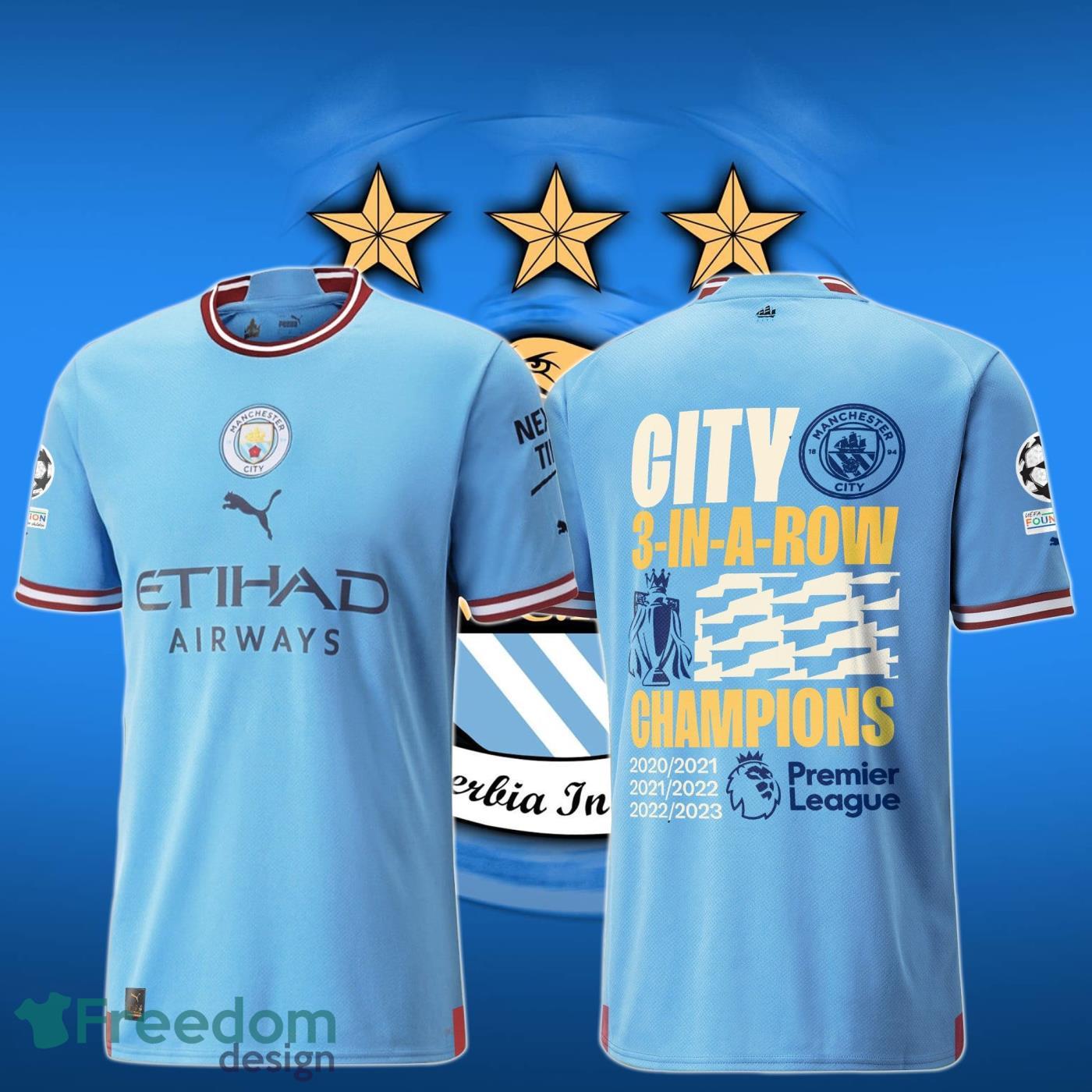 Manchester City 3 In Row Champions 2023 Print 3D Shirt For Men Women Product Photo 1