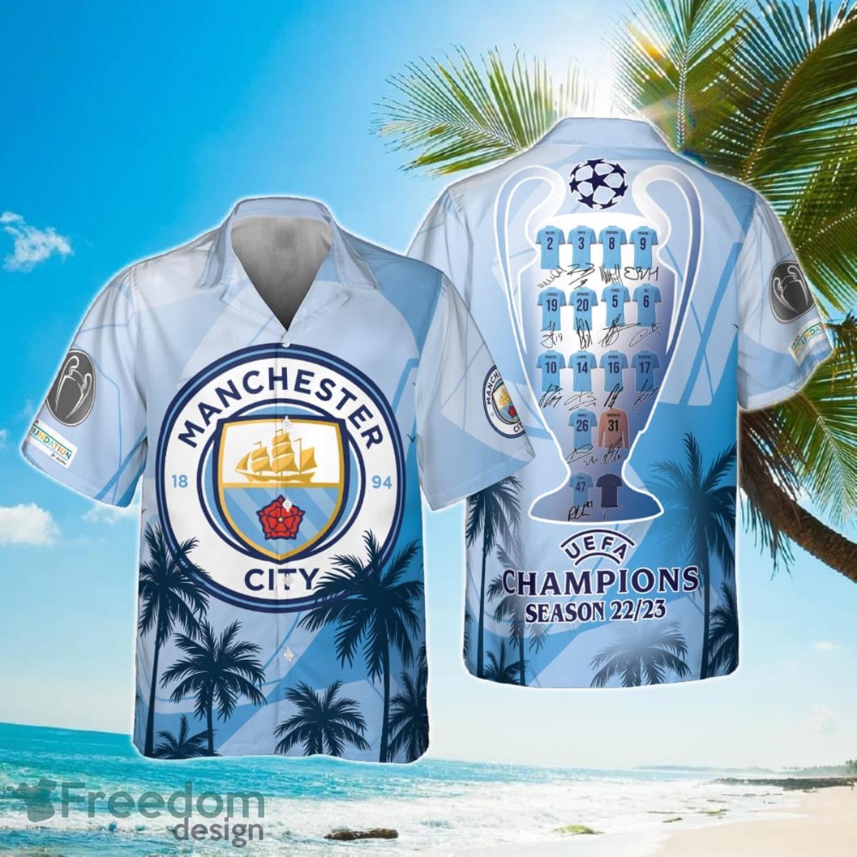 Manchester City Uefa Champion League Tropical Pattern Print Hawaiian Shirt Product Photo 1