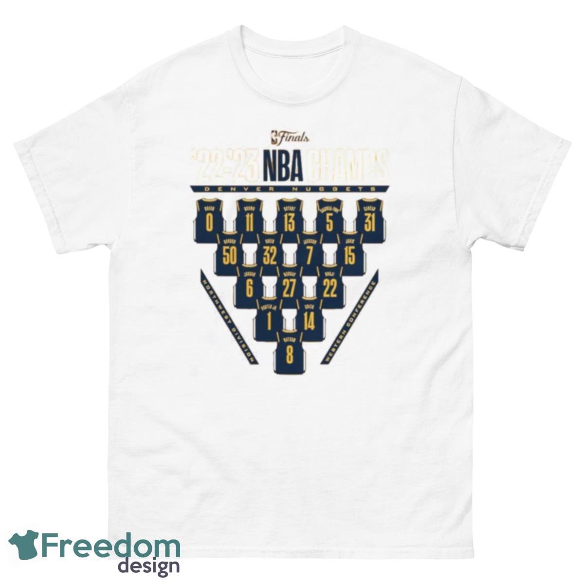 Men’s Gold Denver Nuggets 2023 NBA Finals Champions Close Out Jersey Roster T Shirt - 500 Men’s Classic Tee Gildan