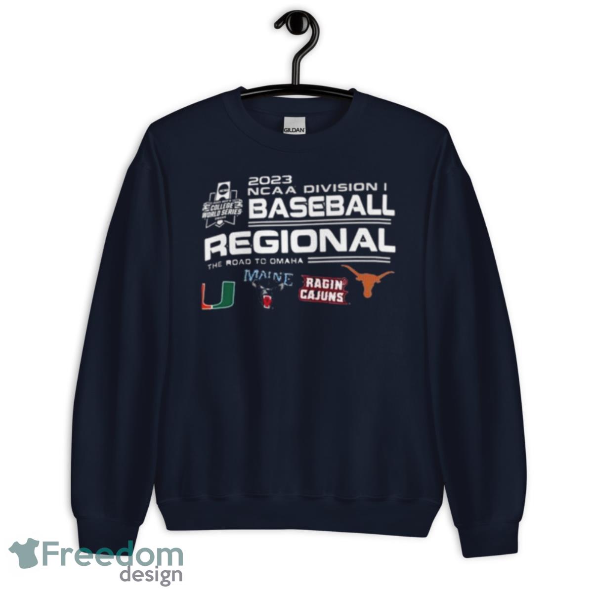 Miami 2023 NCAA Division I Baseball Regional The Road To Omaha Four Team Shirt - Unisex Crewneck Sweatshirt-1