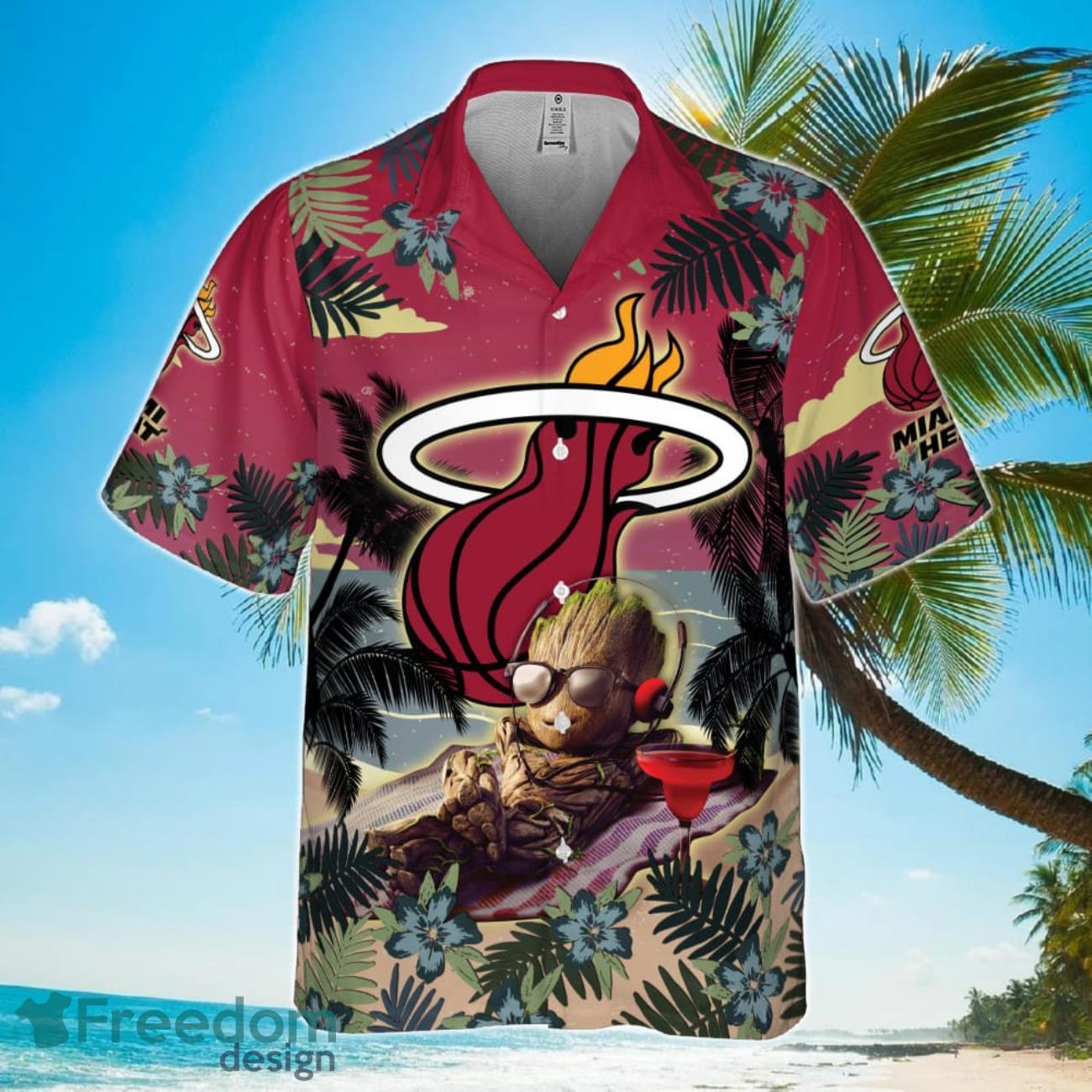 Miami Heat Summer With Baby Groot National Basketball Association 2023 Hawaiian Shirt Product Photo 2