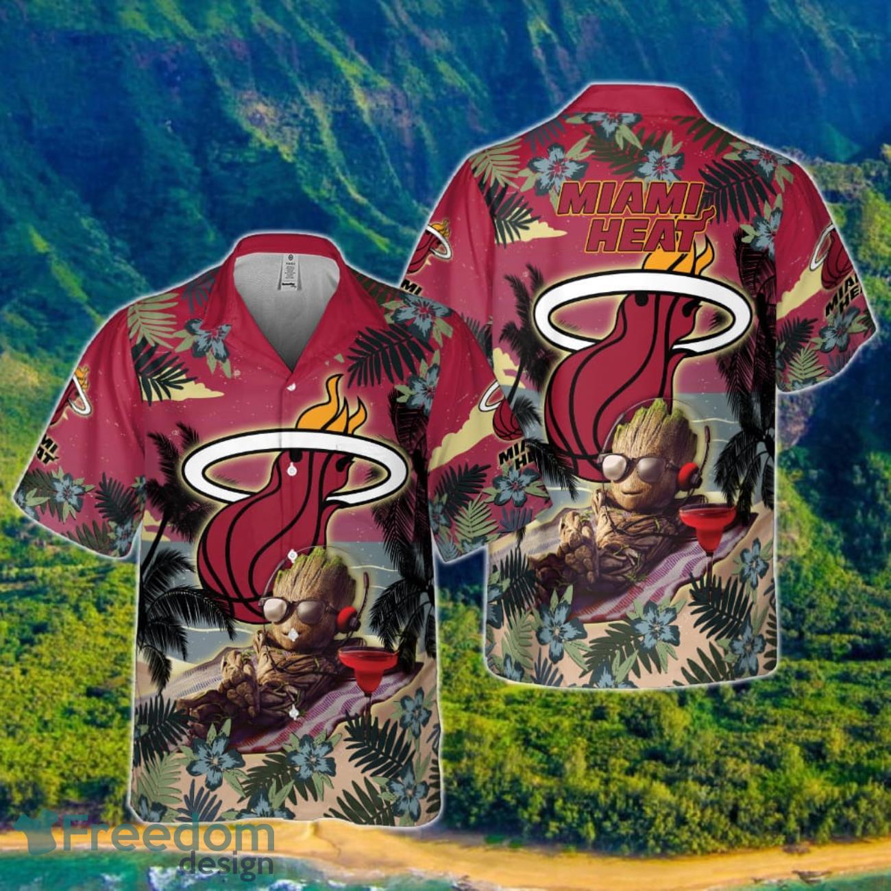 Miami Heat Summer With Baby Groot National Basketball Association 2023 Hawaiian Shirt Product Photo 1