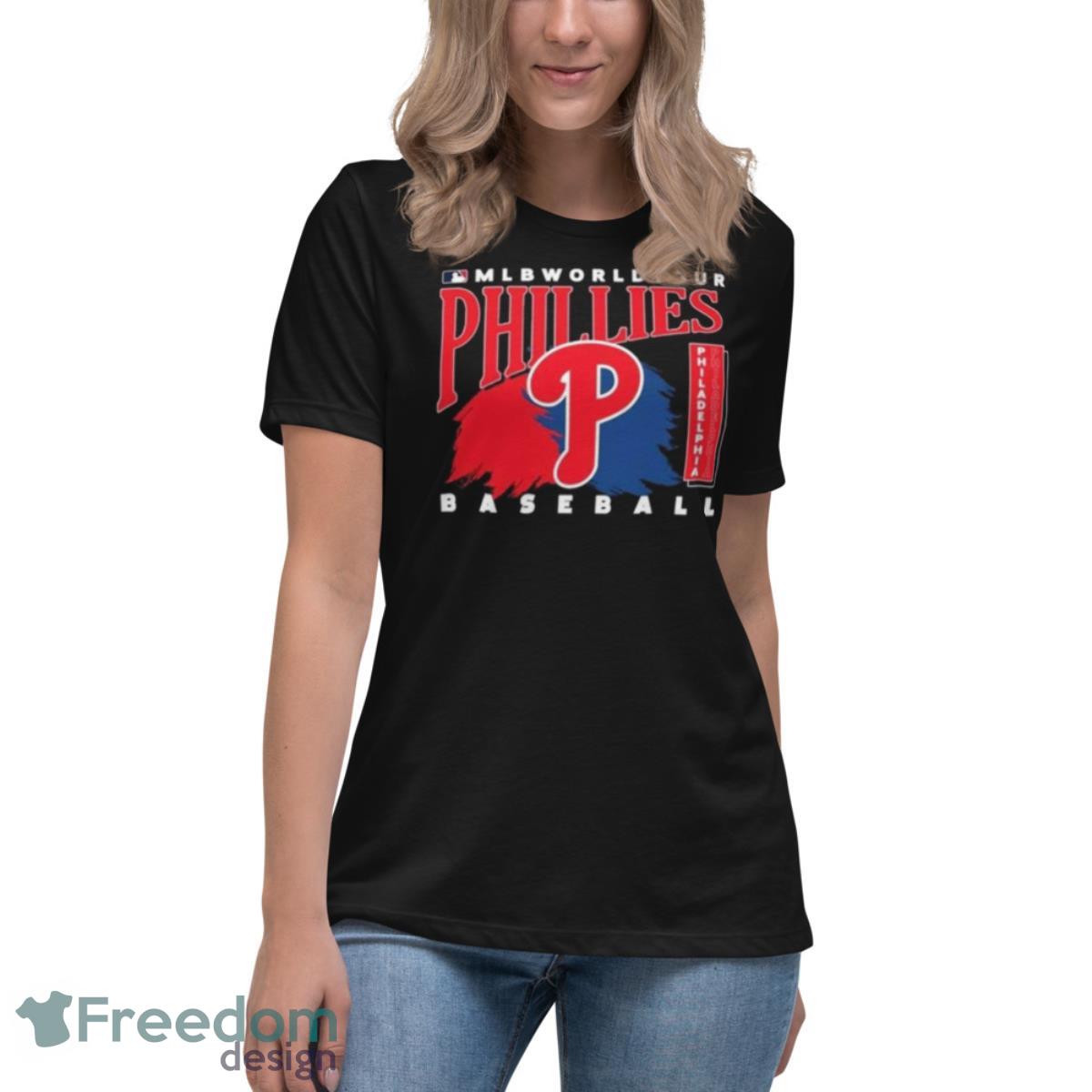 MLB World Tour Philadelphia Phillies Baseball Logo 2023 Shirt - Womens Relaxed Short Sleeve Jersey Tee MLB World Tour Philadelphia Phillies Baseball Logo 2023 Shirt - Womens Relaxed Short Sleeve Jersey Tee
