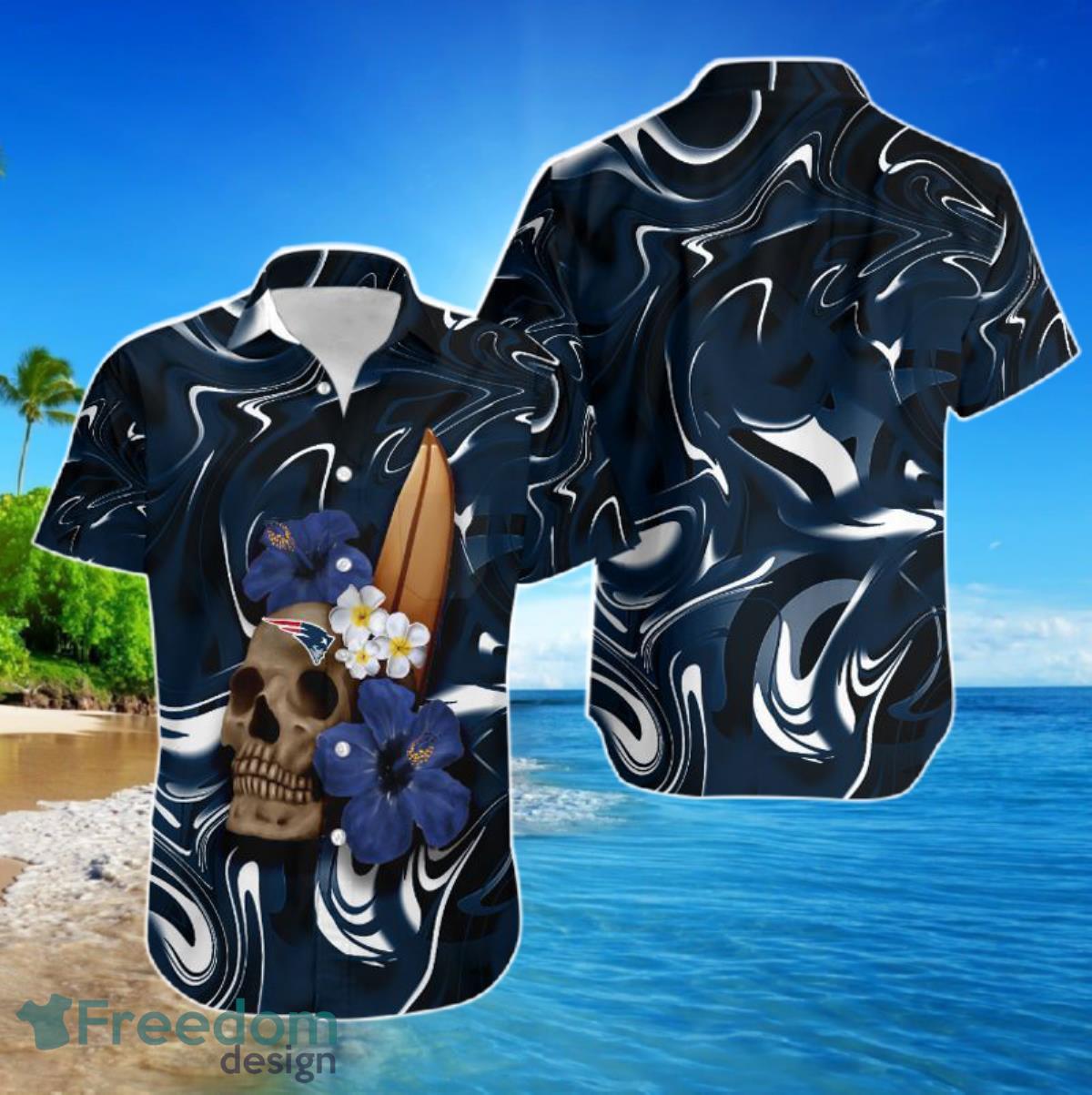 New England Patriots Skull And Hibiscus Flower NFL Gift For Fan Hawaiian Shirt For Men Women Product Photo 1